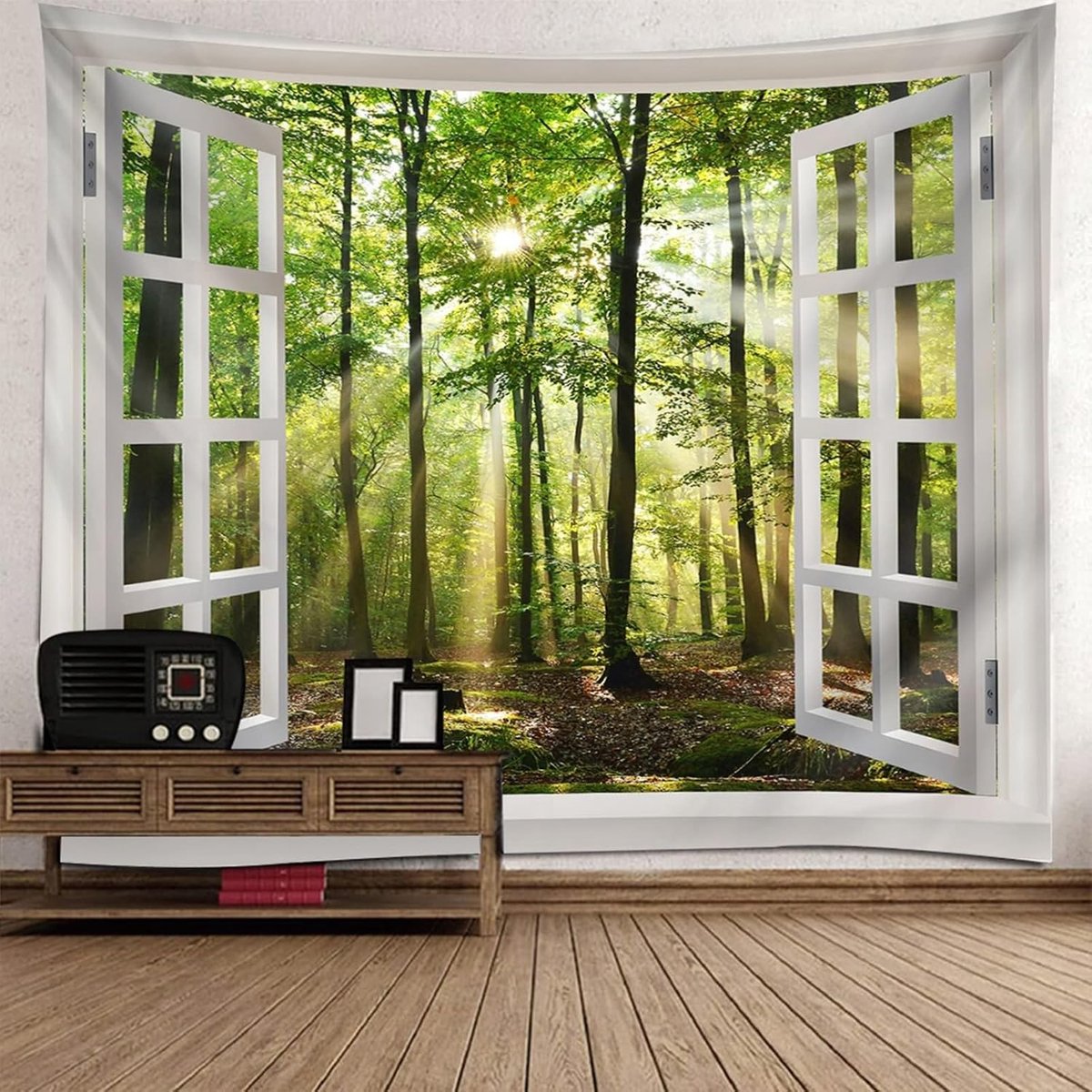 Wandtapijt natuur bos, wit raam met natuurlijk boslandschap buiten wandtapijten muurkunst voor slaapkamer woonkamer, 240 x 220 cm