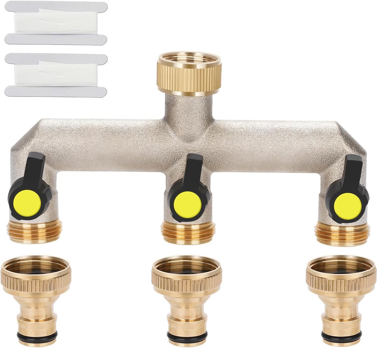 3/4 inch 3-weg verdeler, wateradapter slang, verdeler, met kogelventielen, verdeelstuk, kraanaansluiting, wateraansluiting, adapter voor huis en tuin, geel