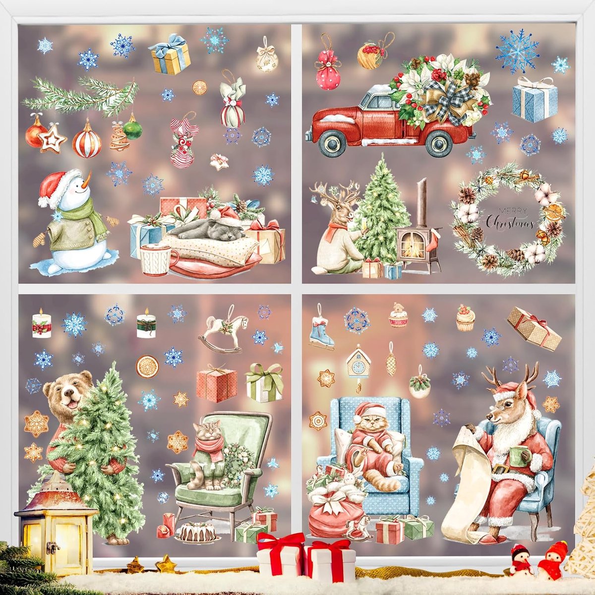 Kerstmis, 9 stuks, Kerst Kerstversiering Kerstdecoratie, Raamstickers, Sneeuwvlokken, Rendieren, Zelfklevende Kerstraamafbeeldingen, Deuren, Raamafbeeldingen