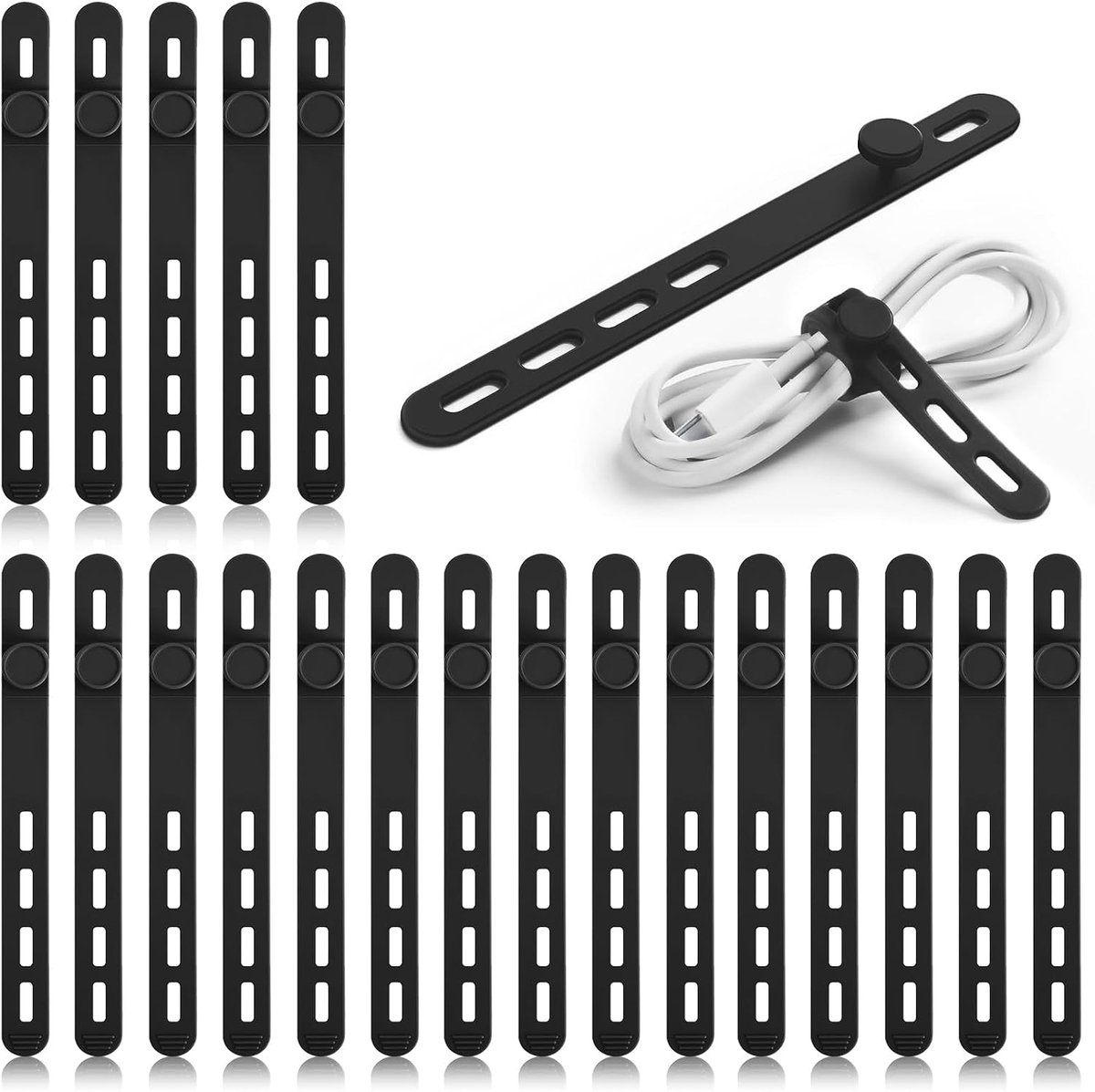 20 stuks siliconen kabelbinders, herbruikbare kabelbinders, organizer voor elastische kabels, verstelbare kabelbinders, siliconen kabelbinders voor hoofdtelefoon, audiokabel (zwart)