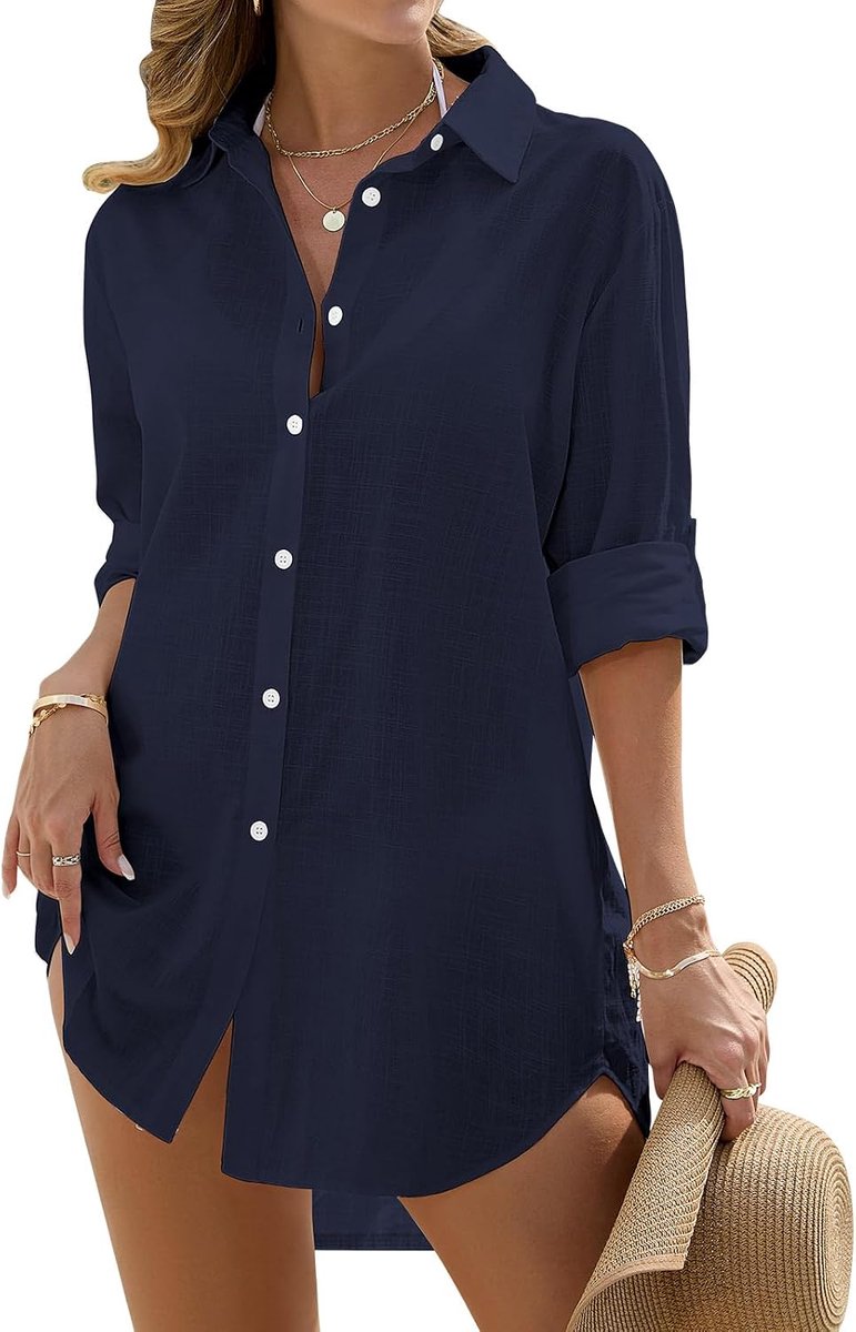 Strand Cover Up Button Down Shirt Strandkleding Strandjurken Lange Mouw Blouse Badmode Bikini Badpak Cover Up Casual Shirt Jurken met Zak