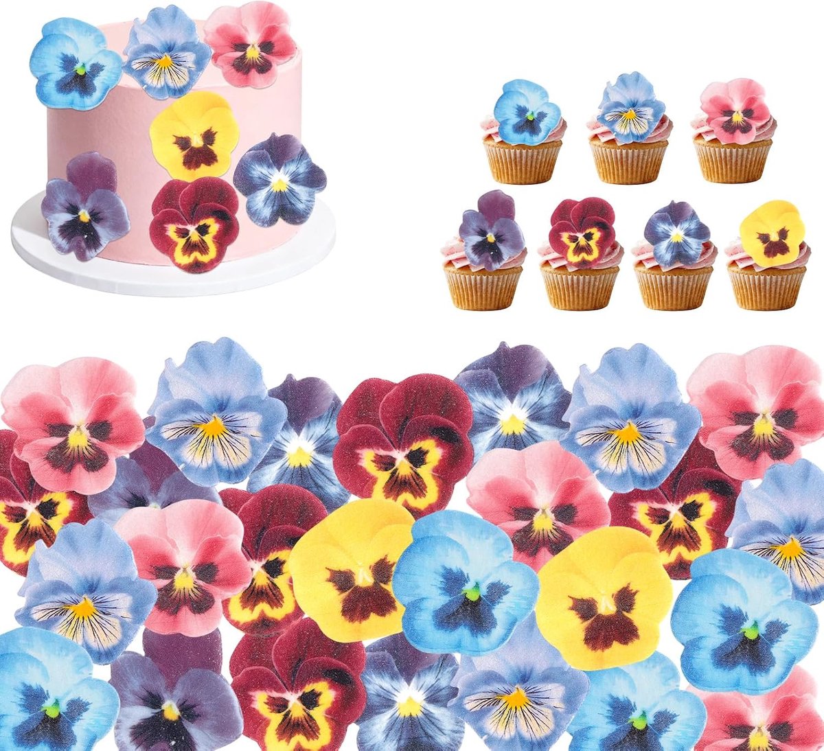 Eetbare Bloemen Taart Decoraties, Tricolor Viola Eetbare Bloesems Cupcake Toppers Ouwel Papier Taart Decoraties voor Bruiloft Baby Shower Lente Bruid Verjaardag Feest Benodigdheden