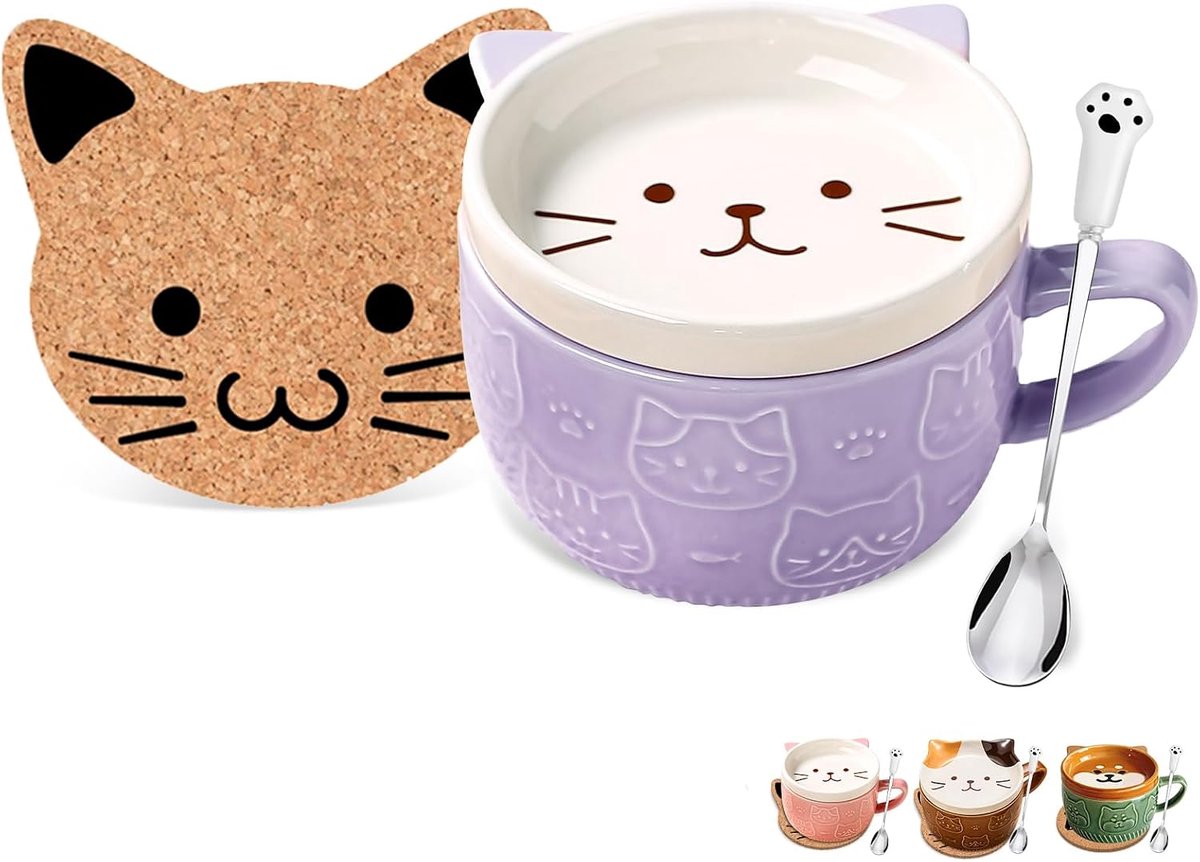 Cadeau voor Vrouwen Leuke Kawaii Kat Mok Paars Keramische Thee Cup Koffie Cup Met Deksel Theekopjes en Schotels Leuke Mode Accessoires Leuke Kat Geschenken Voor Liefhebber