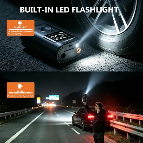 Elektrische Fietspomp - 1500mAh - Draagbare bandenpomp - Luchtcompressor - Elektrische Bandenpomp - Oplaadbaar & Draagbaar - Compressor - USB voeding - Incl. Opbergtas en 5 Opzetstukken - voor Fiets, Scooter, Motor en Auto - Zwart — afbeelding 3