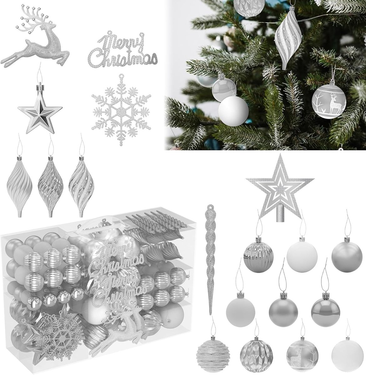 Kerstballen, kerstdecoratie met verpakking, kerstdecoratie met hanger, boompiek, glitter, ster en glitterballen, kerstballenset, 108 stuks, voor binnen en buiten decoratie