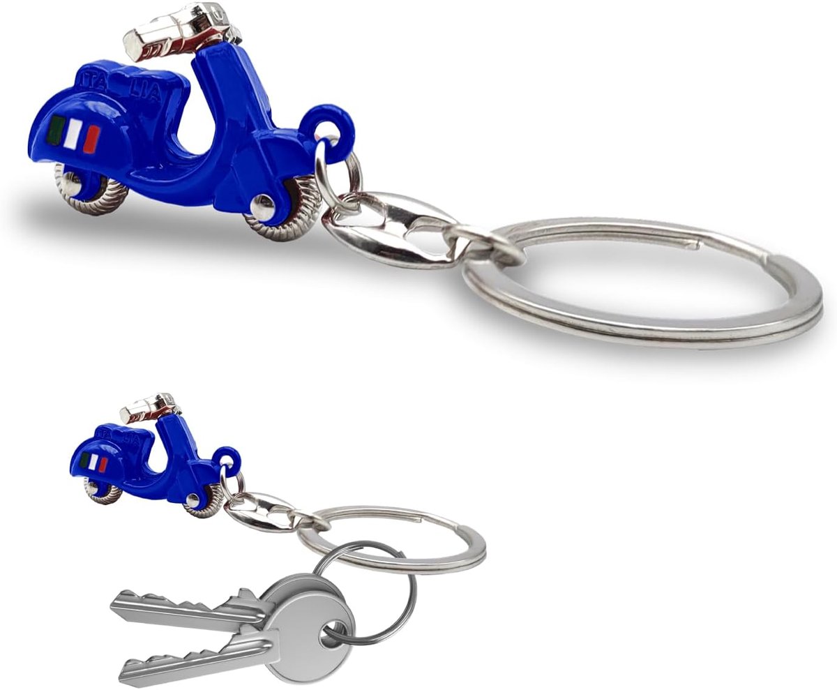 Sleutelhanger met Italiaanse step, 3D, realistisch design met beweegbaar stuur, Italiaanse vlag aan de zijkant, robuust metaal, cadeau-idee voor dames en heren, accessoire voor auto, motorfiets en