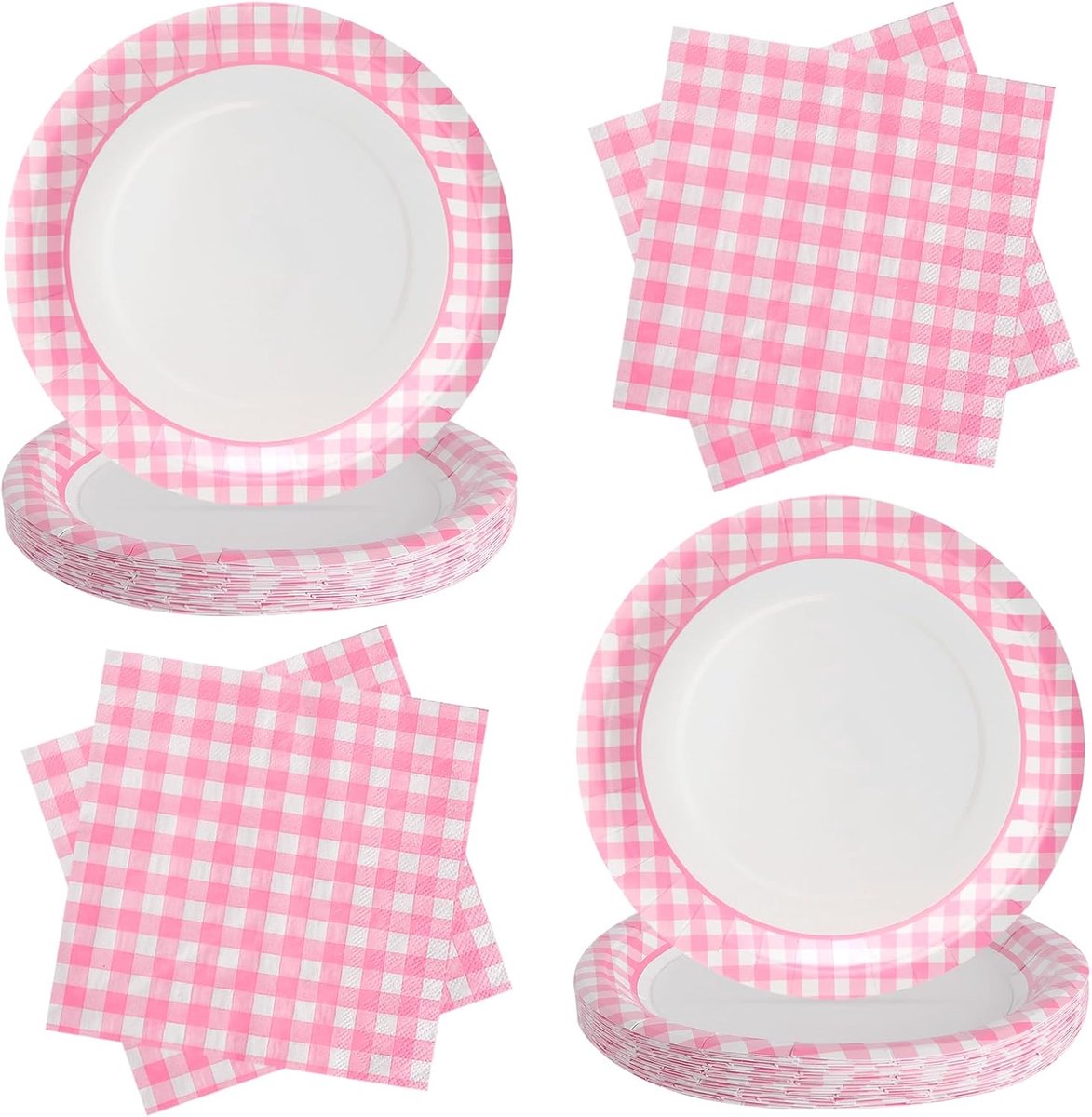 48 stuks rozenwit schaakbordpatroon feestpapieren servies bevat borden, servetten, ideaal voor verjaardagen en andere feesten en feesten