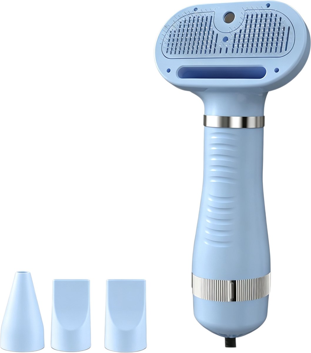 3-in-1 Huisdierföhn met Ontklitterborstel, 300W, Rondgepunte Roestvrijstalen Borstels, Oververhittingsbeveiliging- Blauw