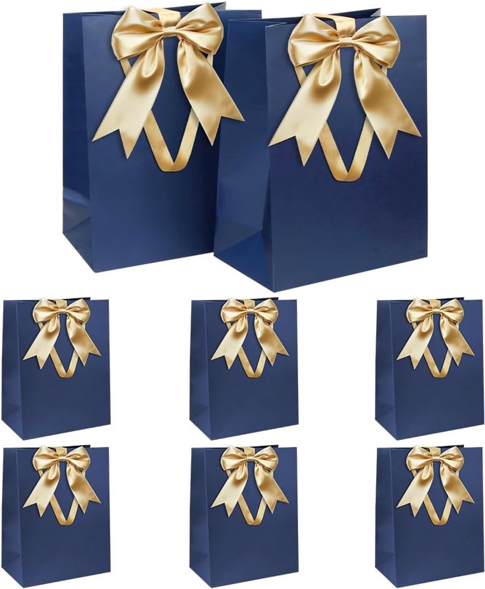 Blauwe cadeauzakjes met strik, geschenkzakjes met handvat, 8 stuks, 21 x 31 x 12 cm, grote cadeauzakjes voor Kerstmis, verjaardag, bruiloft
