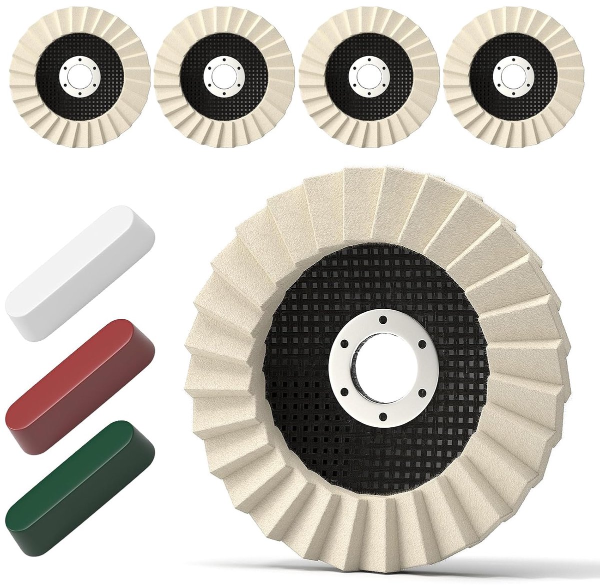 Set van 8 polijstschijven en set bestaande uit 5 dikke Arbor Puffing wielen 115 mm x 22 mm + 3 polijstmiddelen, vilten klapschijf voor haakse slijper, multi-oppervlak pad voor
