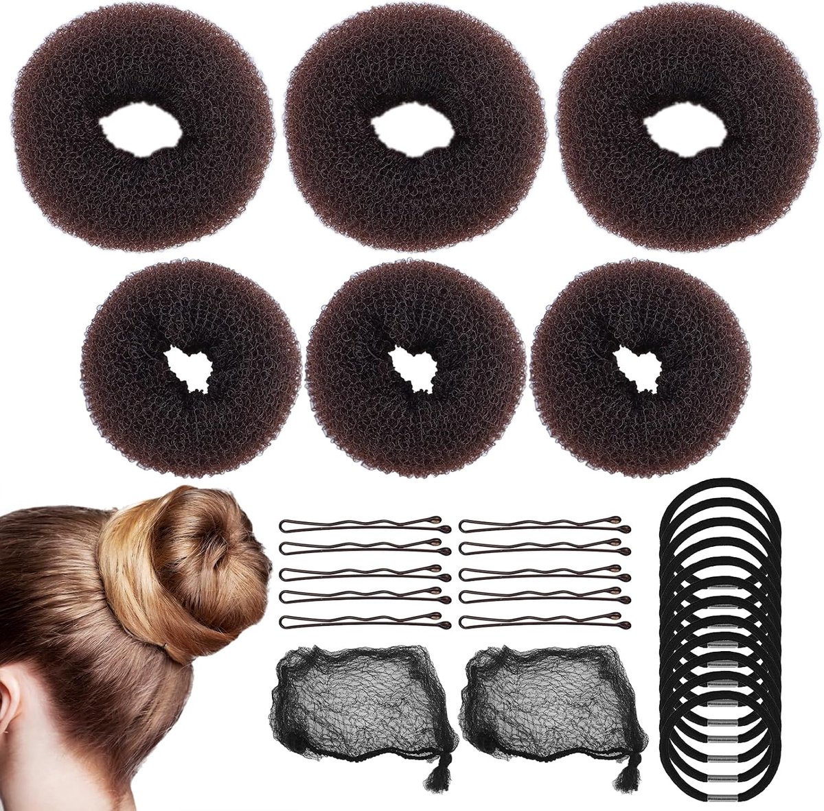 39 stuks knotkussen, klein, groot, pluche haarknot-haardonutmaker, knotkussenmakerset met elastische haarband, haarspeld, maarnet voor kinderen, meisjes en vrouwen, bruin