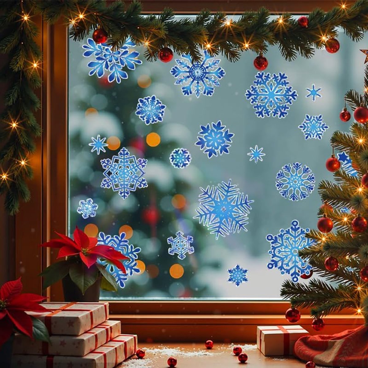 Raamstickers, blauwe sneeuwvlokken, raamafbeeldingen, Kerstmis, zelfklevend, afneembare raamdecoratie, statisch hechtende stickers voor ramen, vitrine, deuren, etalages, winter, kerstdecoratie
