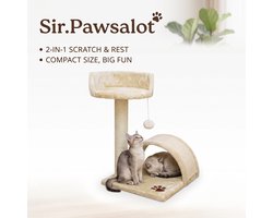 Sir.Pawsalot Compacte Krabpaal voor Katten & Kittens - Kattenboom met Krabboog, Loungemand & Speelbal - Natuurlijk Sisal - 57 cm - Beige