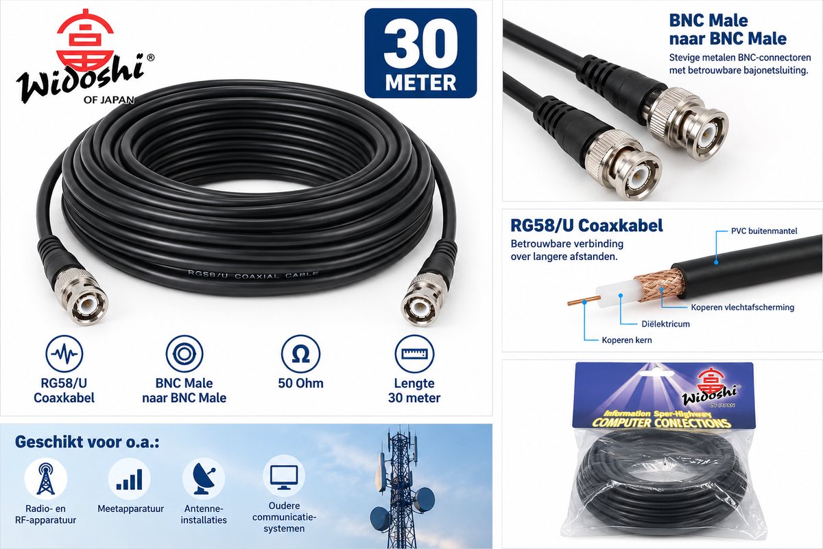 Image of Widoshi RG58/U Coaxkabel – BNC Male naar BNC Male – 50 Ohm – 30 Meter