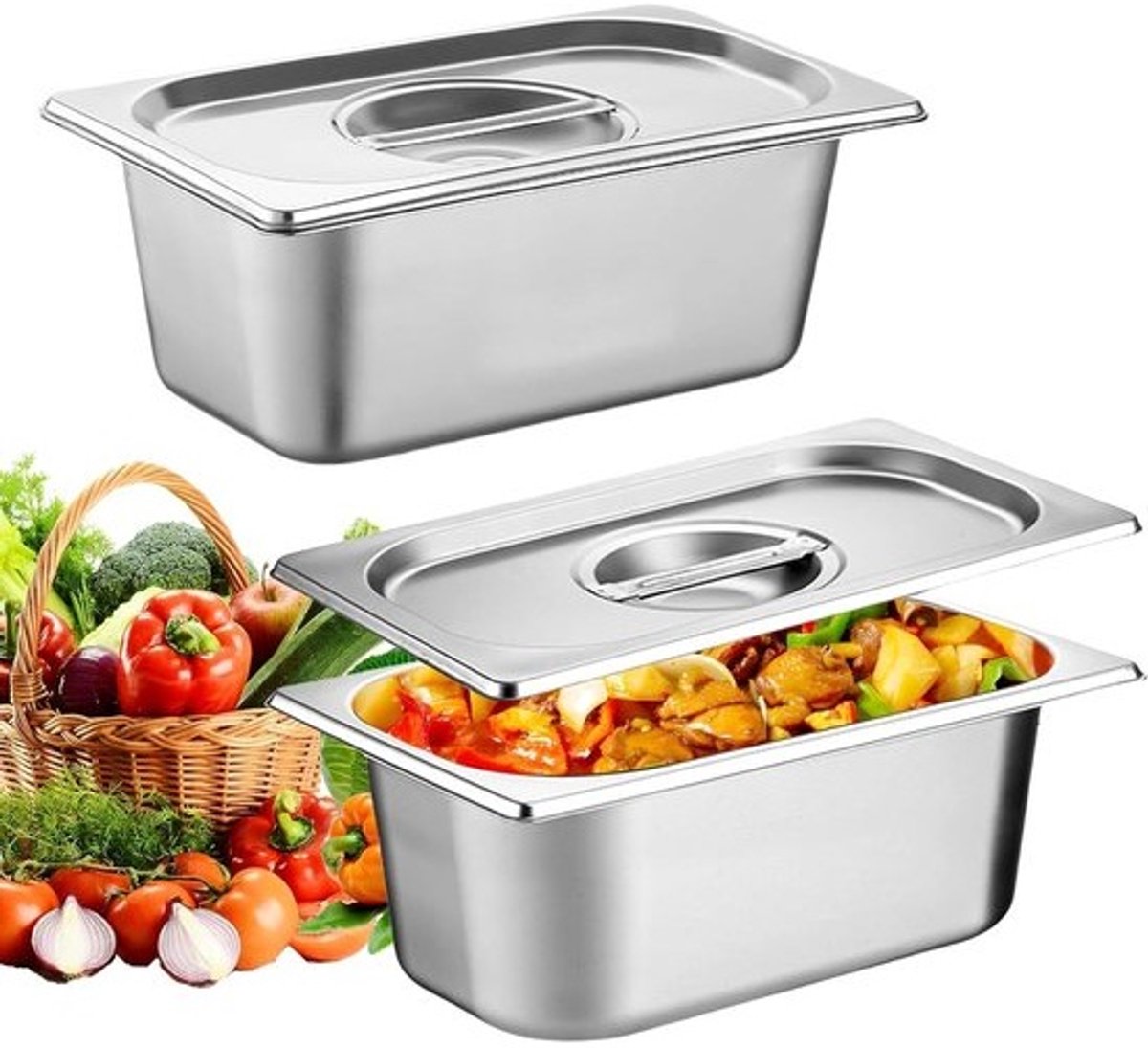 Set van 2 roestvrijstalen paneerschalen met deksel, stapelbaar, ideaal voor restaurants en feesten, keukenaccessoires, gastronomie (32,5 x 17,5 x 6,5 cm)