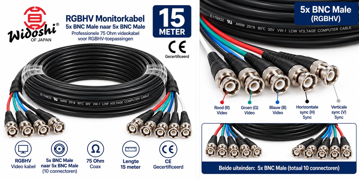 Widoshi RGBHV Monitorkabel – 5x BNC Male naar 5x BNC Male – 75 Ohm – 15 Meter