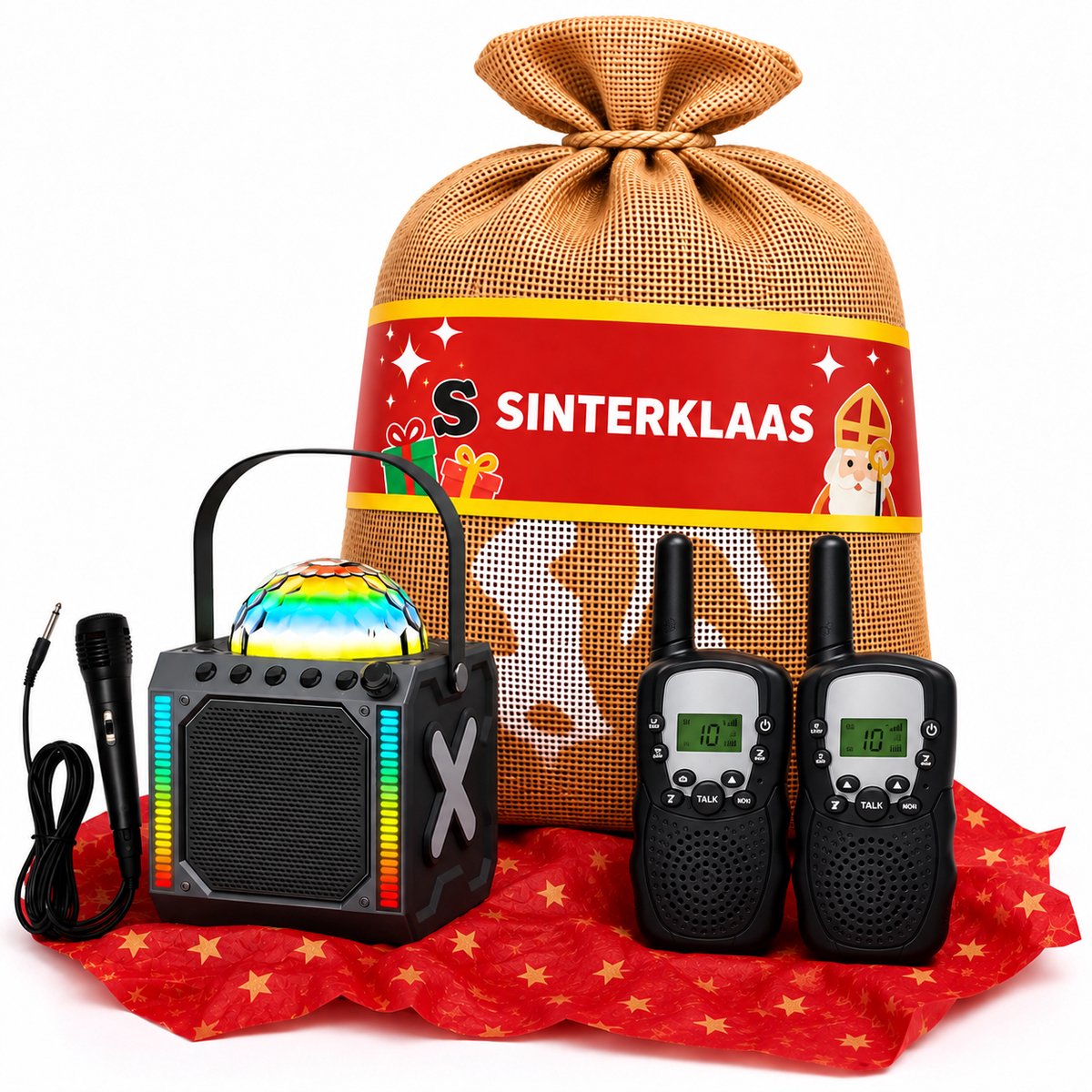 Sinterklaas Zak + Cadeautjes Kind Cadeau - Karaoke Set met Microfoon + Walkie Talkie Set - Jongens & Meisjes