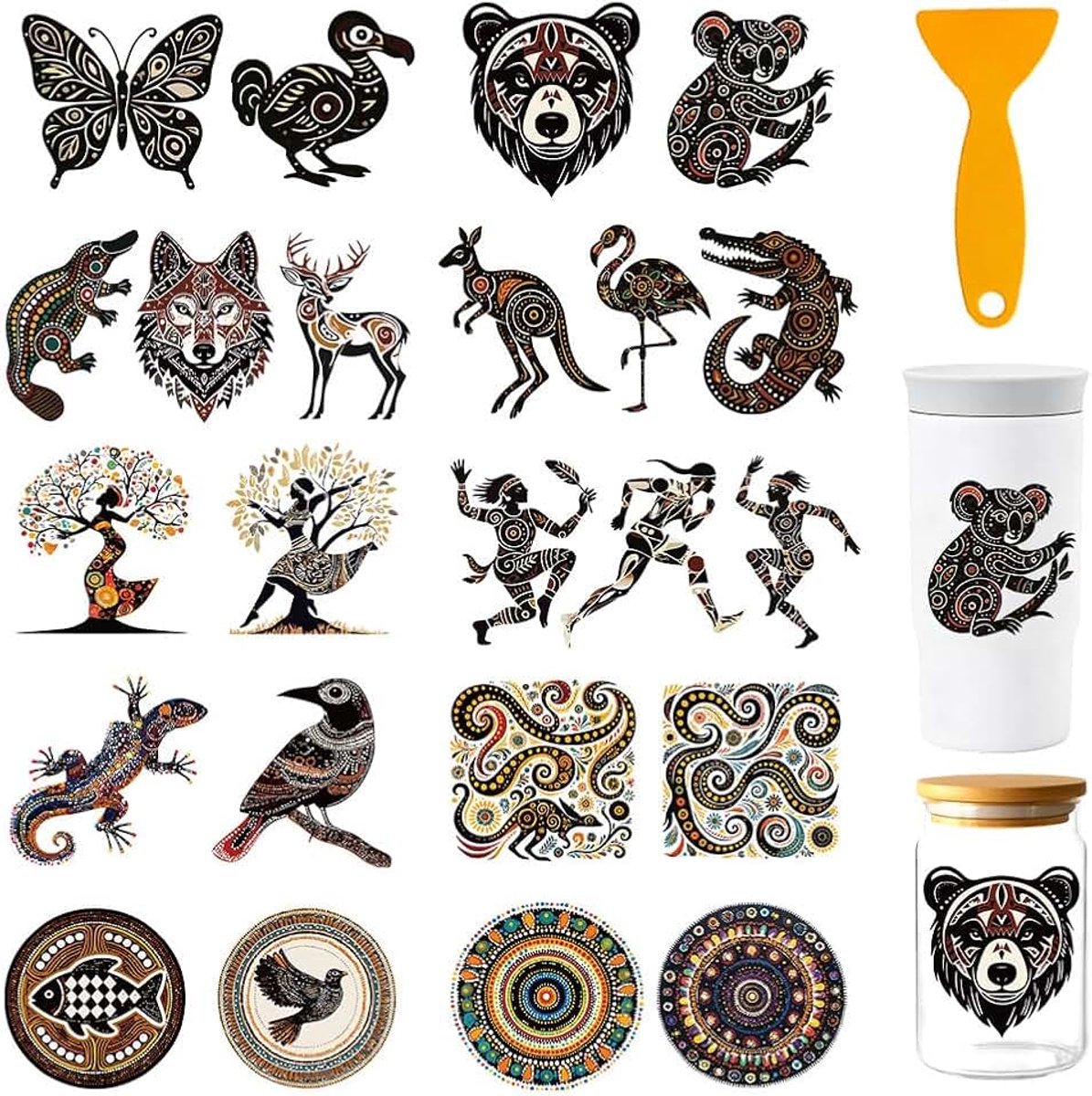 23 Stuks Vintage UV DTF Bekerwikkels voor 16OZ Glas, 4,3 x 9,4 Inch Vlinder Koala UV DTF Transfer Stickers Inheemse Kunst Opwrijf Decals voor Glasfles Vaas Meubels Ambachten