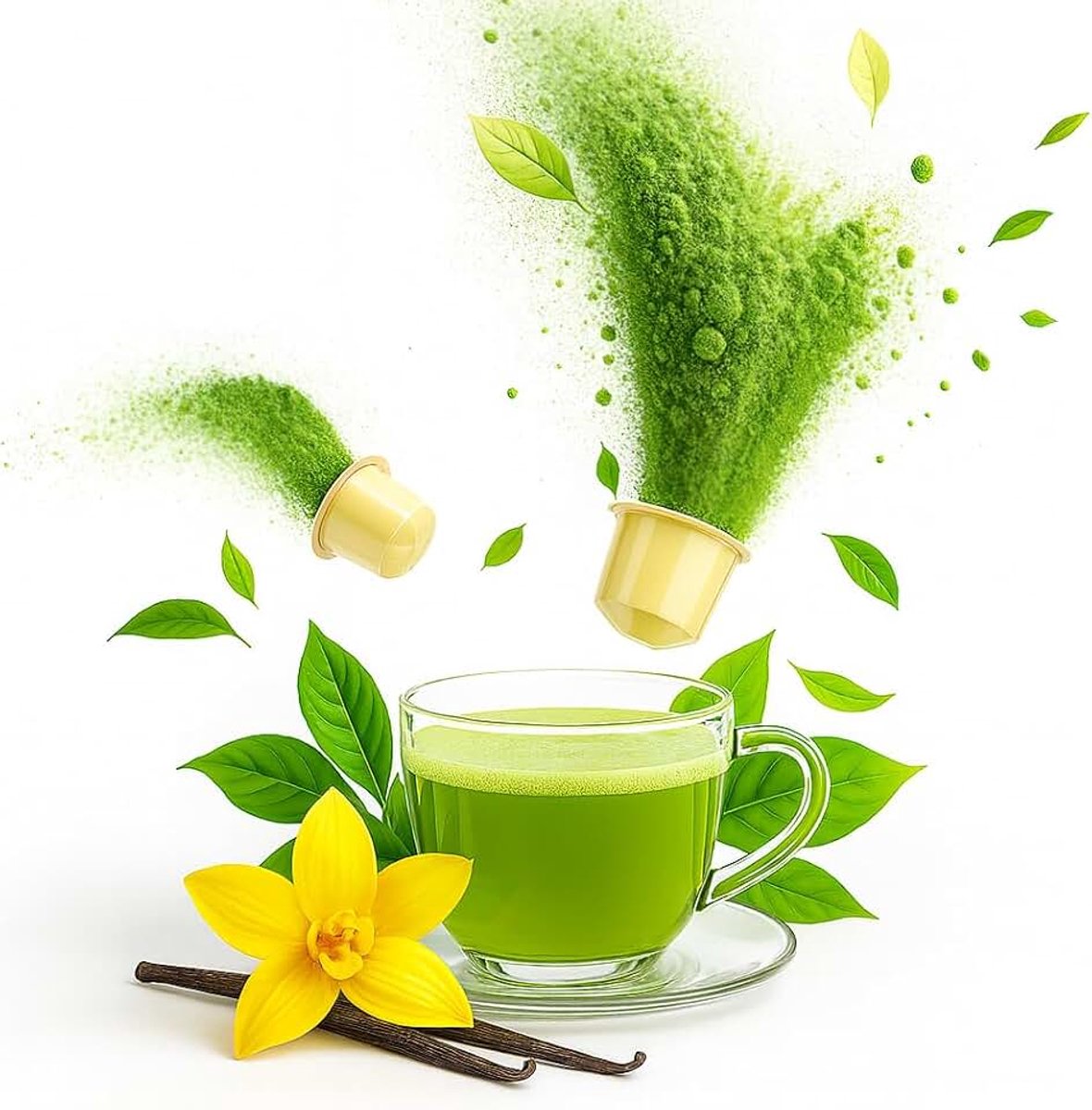 Matcha Vanille Theecapsules - Matcha Groenthee Caps met echte Vanille-Extract. Compatibel met Nespresso*, 20 stuks