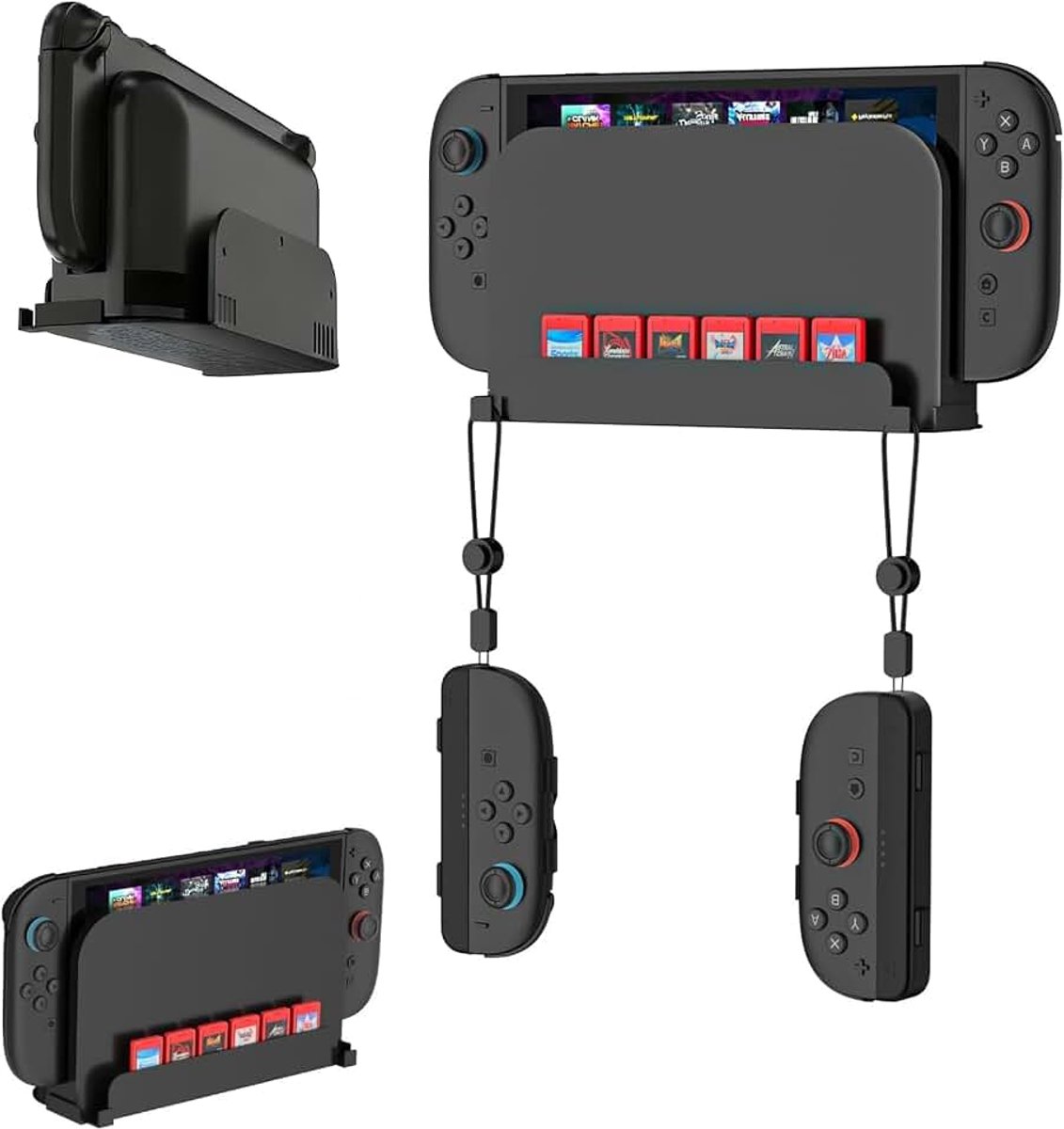 Metalen wandhouder voor Nintendo Switch 2 / Switch OLED | Ruimtebesparend gamingrek aan de muur met 6 speelkaartsleuven en 2 Joy-Con-haken, compatibel met Pro Controller