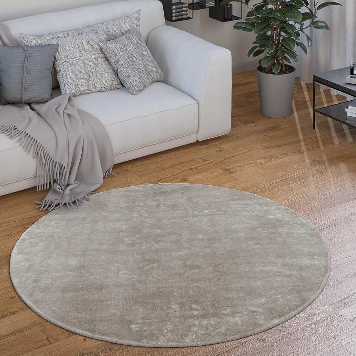 Home Vloerkleed Rond Woonkamer Laagpolig Modern Pluizig Wasbaar Eenkleurig, Maat:Ø 120 cm rondje, Kleur:Grijs