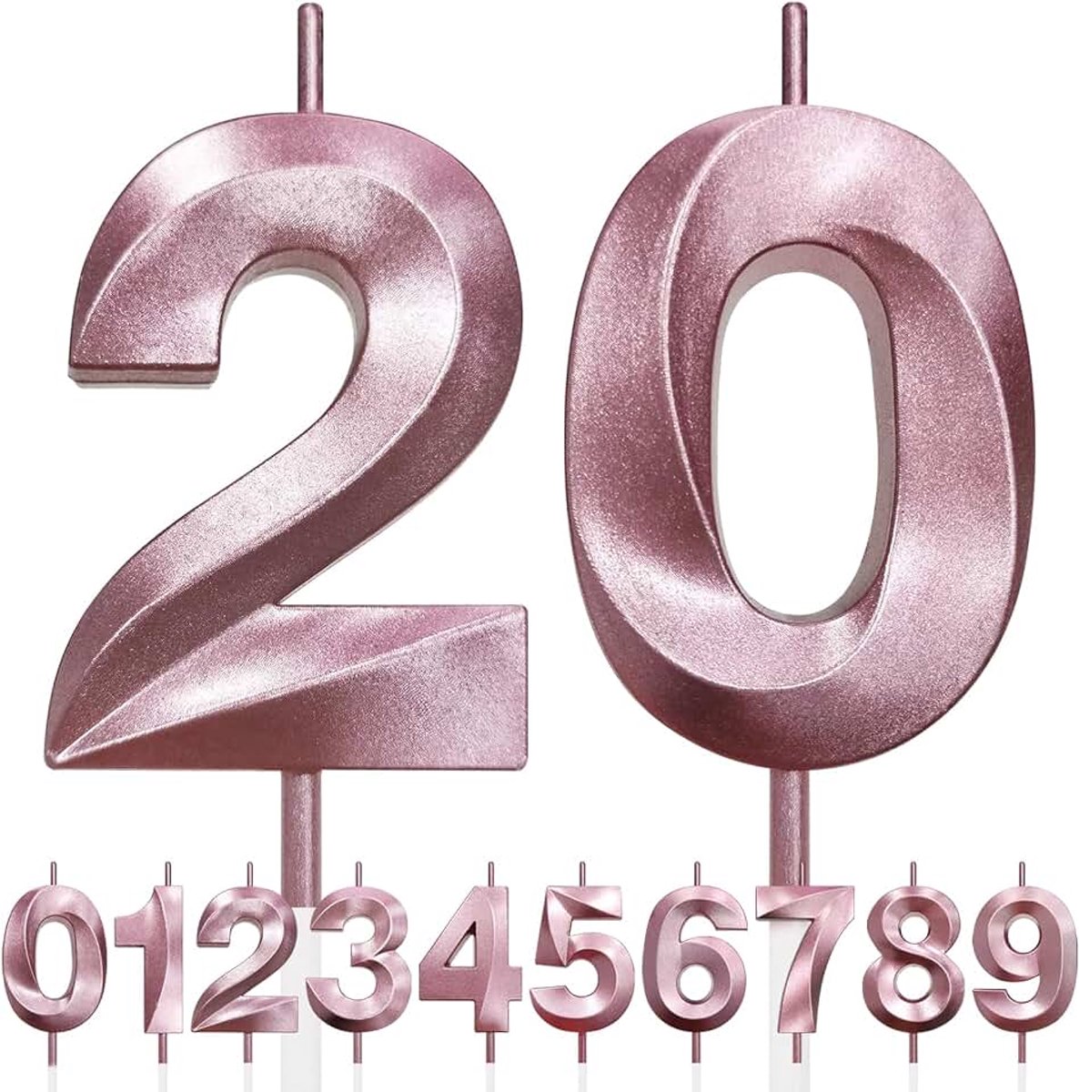 Kaarsen voor 20e verjaardag, 3D-ontwerp, roségoud, glitter cijferkaarsen, taarttopperdecoratie, taartkaars voor verjaardagsfeest, huwelijksverjaardag, babyshower, feestdecoratie (roze goud)