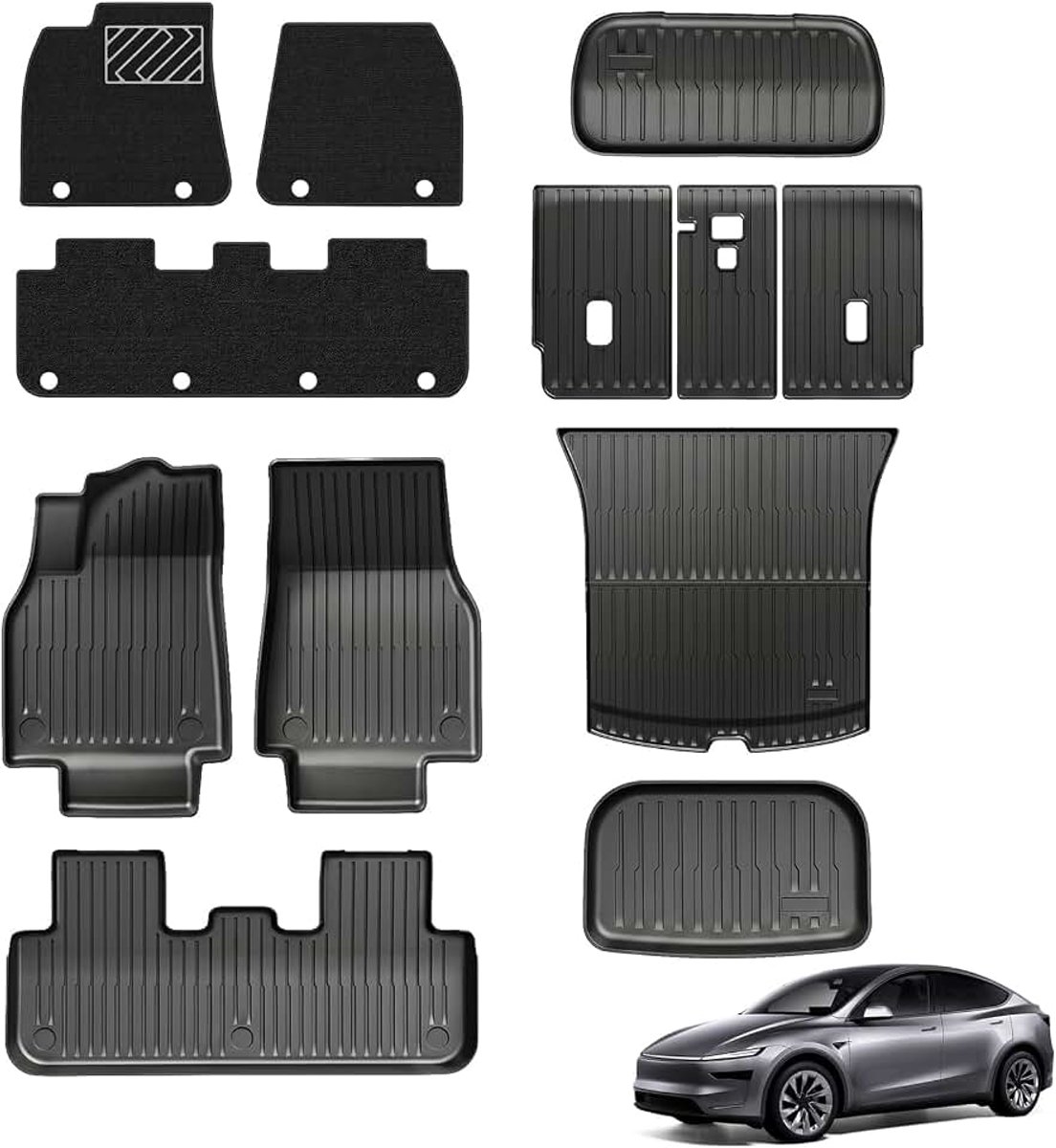 12-delige set, dubbellaagse vloermatten, inclusief rugleuninghoezen voor de achterstoelen, kofferbakbekleding en vloermatten voor de achterbank, voor Tesla Model Y