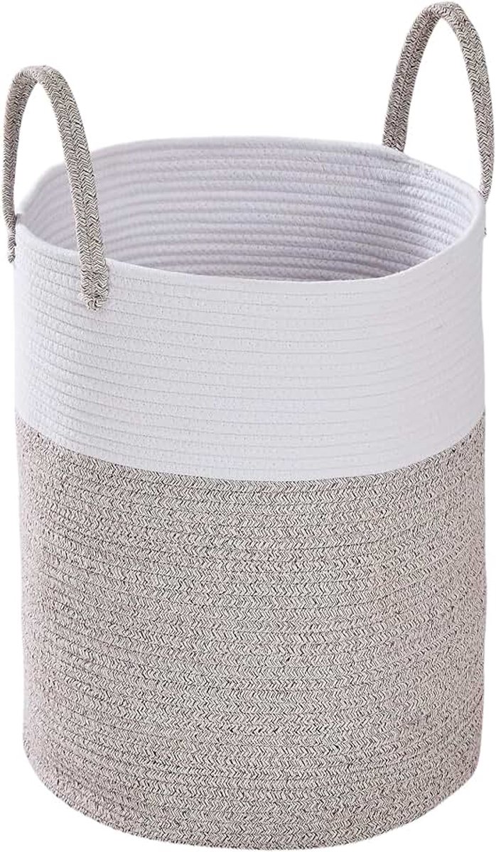 Wasmand en speelgoed, gevlochten met handgrepen, wit-beige, 38 x 50 cm, grote capaciteit, organizer voor kinderkamer en woonkamer