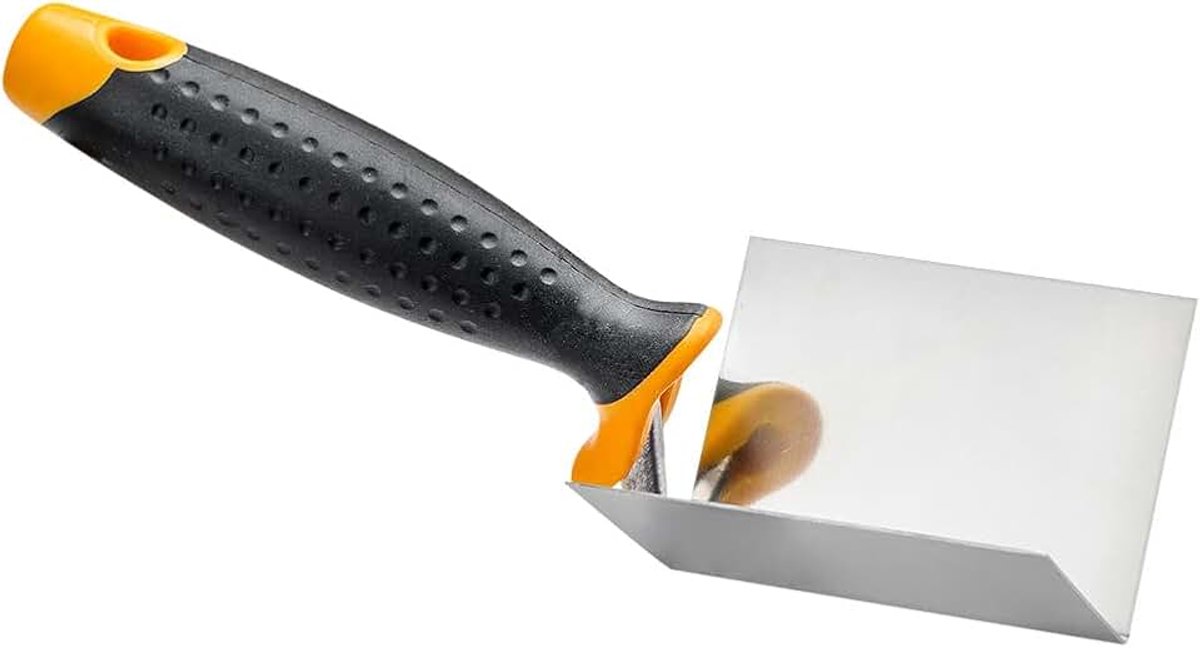 Hardy Working Tools troffel 8x6x6 cm, hoektroffel serie 28. Pleistertroffel van roestvrij staal met 2K-handgreep, binnenhoektroffel voor pleisterwerk, gips, lijm en plamuur