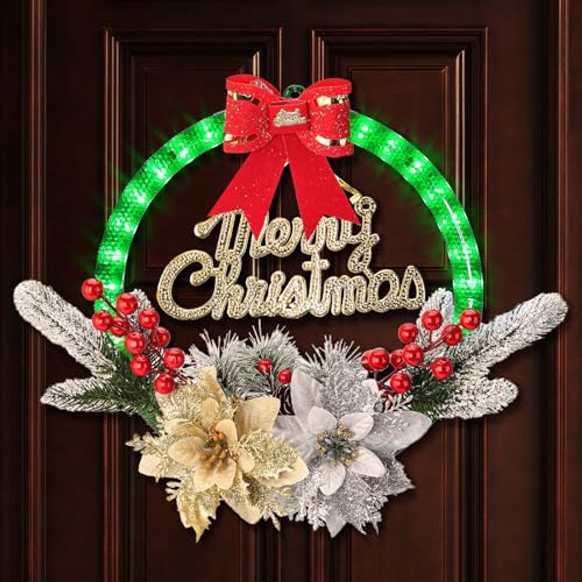 LED Kerstkrans - 28 cm - Verlichte Kunstmatige Kerstdecoratie met Bloemen, Dennenappels en Bessen - Voor Deur en Raam