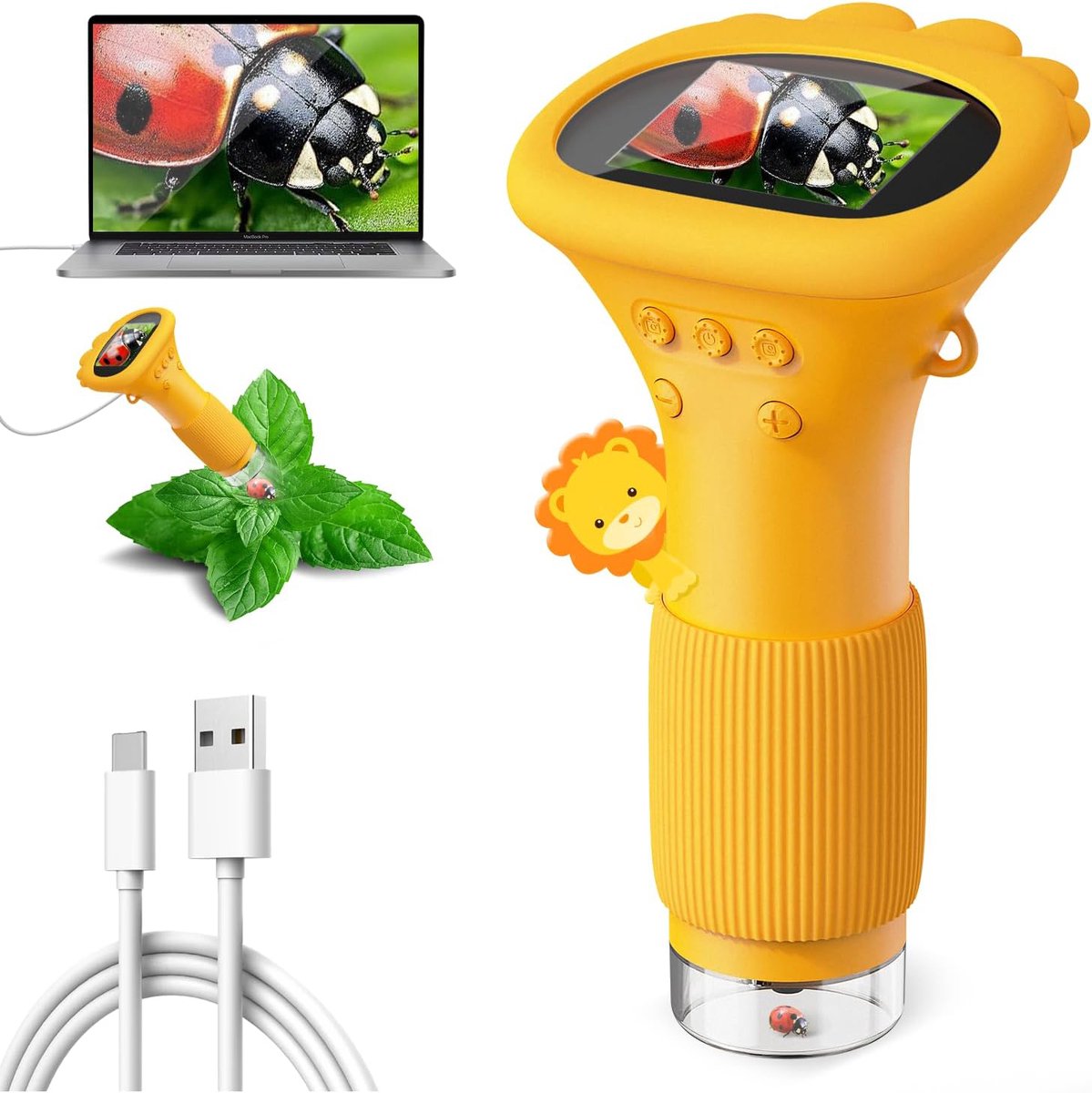 Digitale Zakmicroscoop (1000x) Met 2-Inch HD-Scherm & 8 Instelbare Leds – Foto & Video Oplaadbaar via USB Etui in Leeuwenvorm Geschikt Voor Pc – Voor Jongens & Meisjes Van 3-12 Jaar – Geel