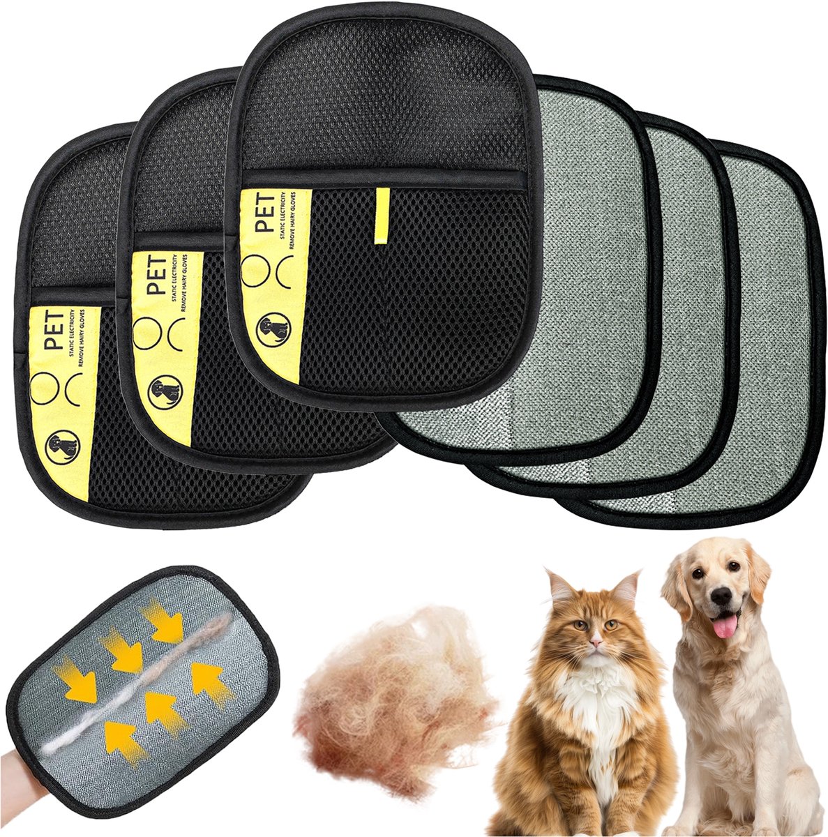 6 Stuks Magneet Handschoenen voor Dierenverzorging - Vachtmagneet Handschoen voor het Verwijderen van Haren - Herbruikbaar - Wassen, haarverwijderen en verzorging voor Katten en Honden - Pet Grooming Gloves