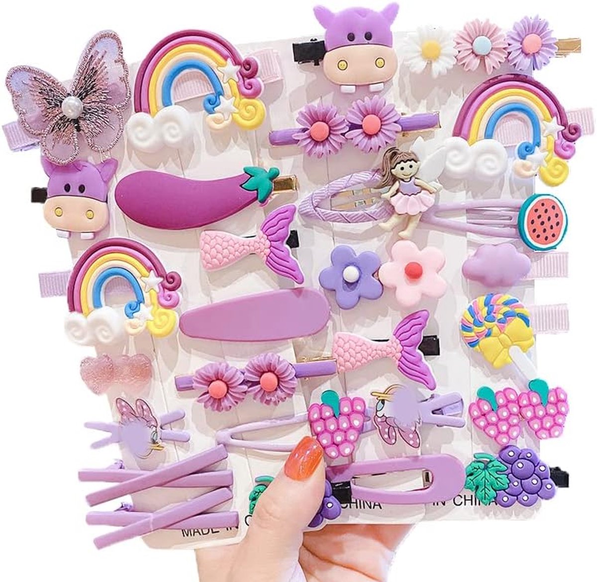 Haarspelden, modieuze haaraccessoires voor meisjes, bloemen, vruchten, kleurrijk, regenboog, snoep, desserts, schattige dierenhaarspeldenset, antislip metalen drukknopen (paars)