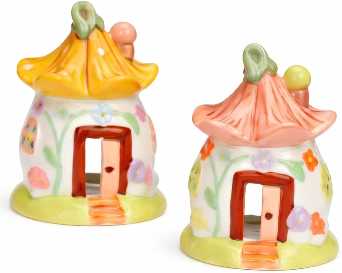 Kandelaar keramiek set van 2 kleurrijke bloemendecoratie - elk 7x10x7 cm - mini-huisjes als lentedecoratie of kinderkamerdecoratie - keramische huis om neer te zetten