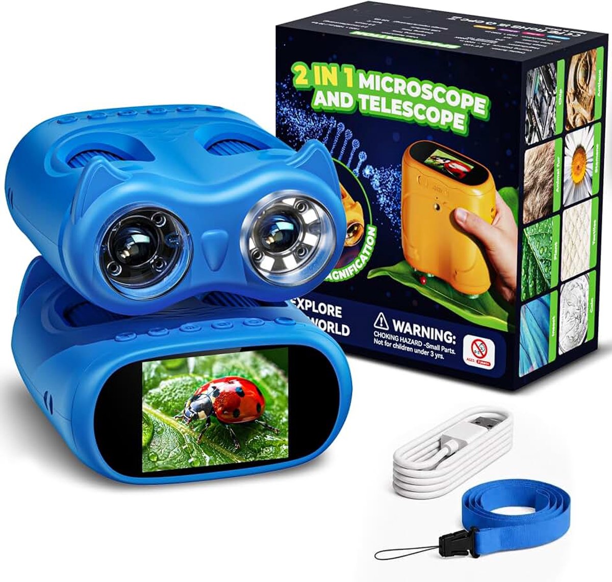 Microscoop voor kinderen en Telescoop voor kinderen, 1000x USB, 2-in-1 draagbare zakmicroscoop, 4K 2.0 inch scherm, 10-voudige vergroting, wetenschap buiten jaar (blauw)