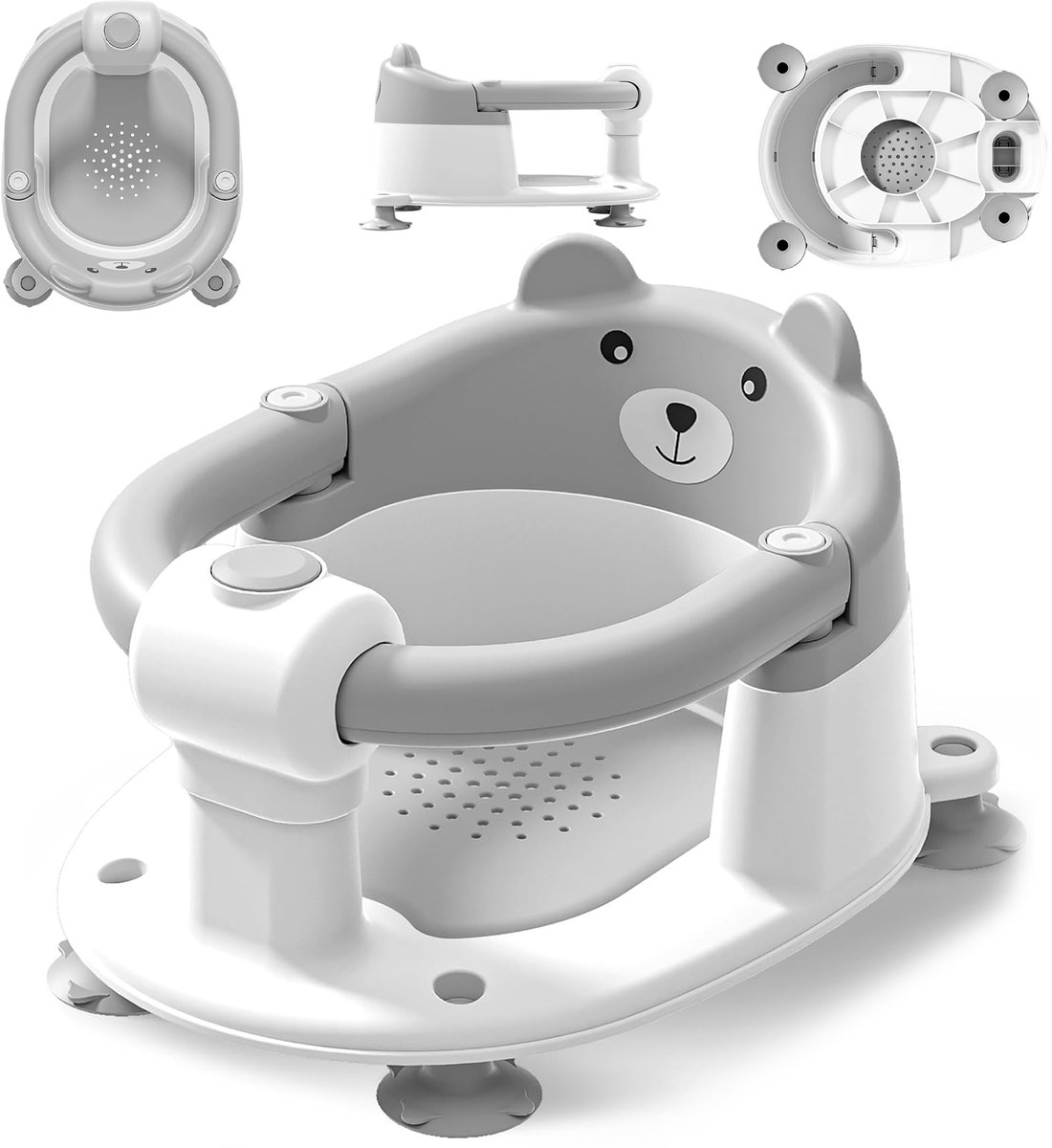 Badzitje voor Baby - Baby Badstoel vanaf 6 Maanden - Met 4 Zuignappen - Rugleuning & Armsteun met Drukknop - Waterafvoer - Voor Badkuip en Badkamer - Grijs/Wit