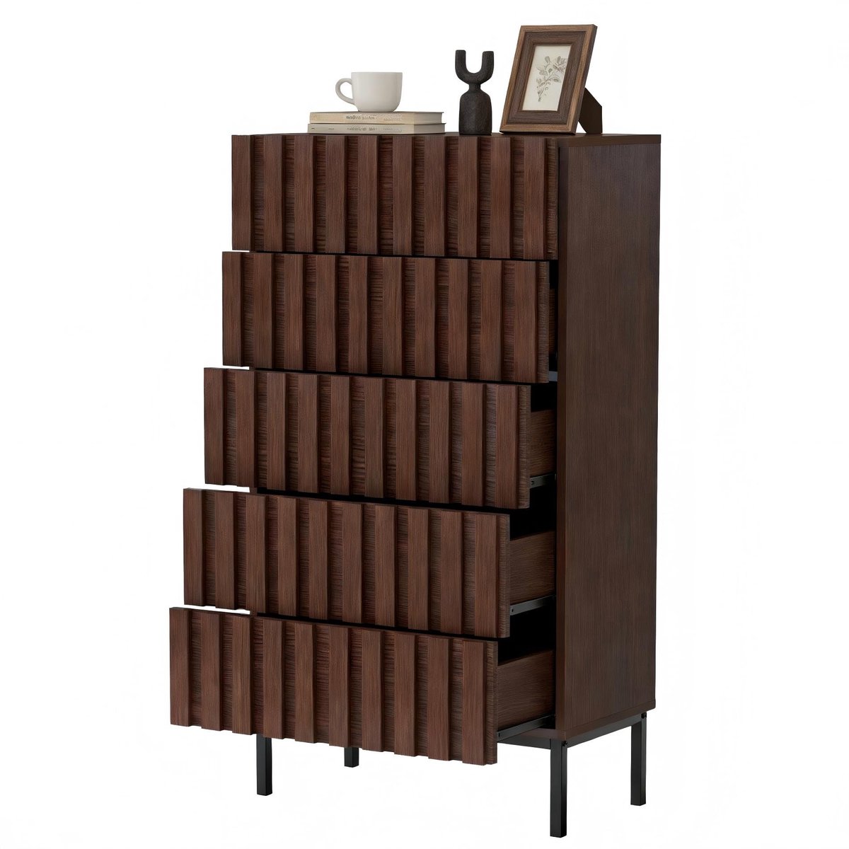 UEV Commode met 5 lades, 60x34x110cm, Opbergkast, Moderne kast, Dressoir met lades, Smalle commode, Kast voor woonkamer, slaapkamer, hal (Donkerbruin)