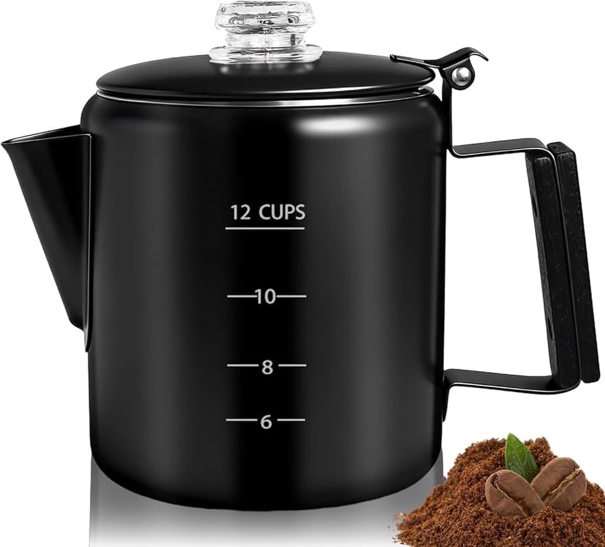 304 roestvrijstalen koffiepot, koffiezetapparaat, koffiezetapparaat met massief houten handvat, transparante knop, kookplaat, greca-mokka voor inductie, thuis en op de camping (zwart