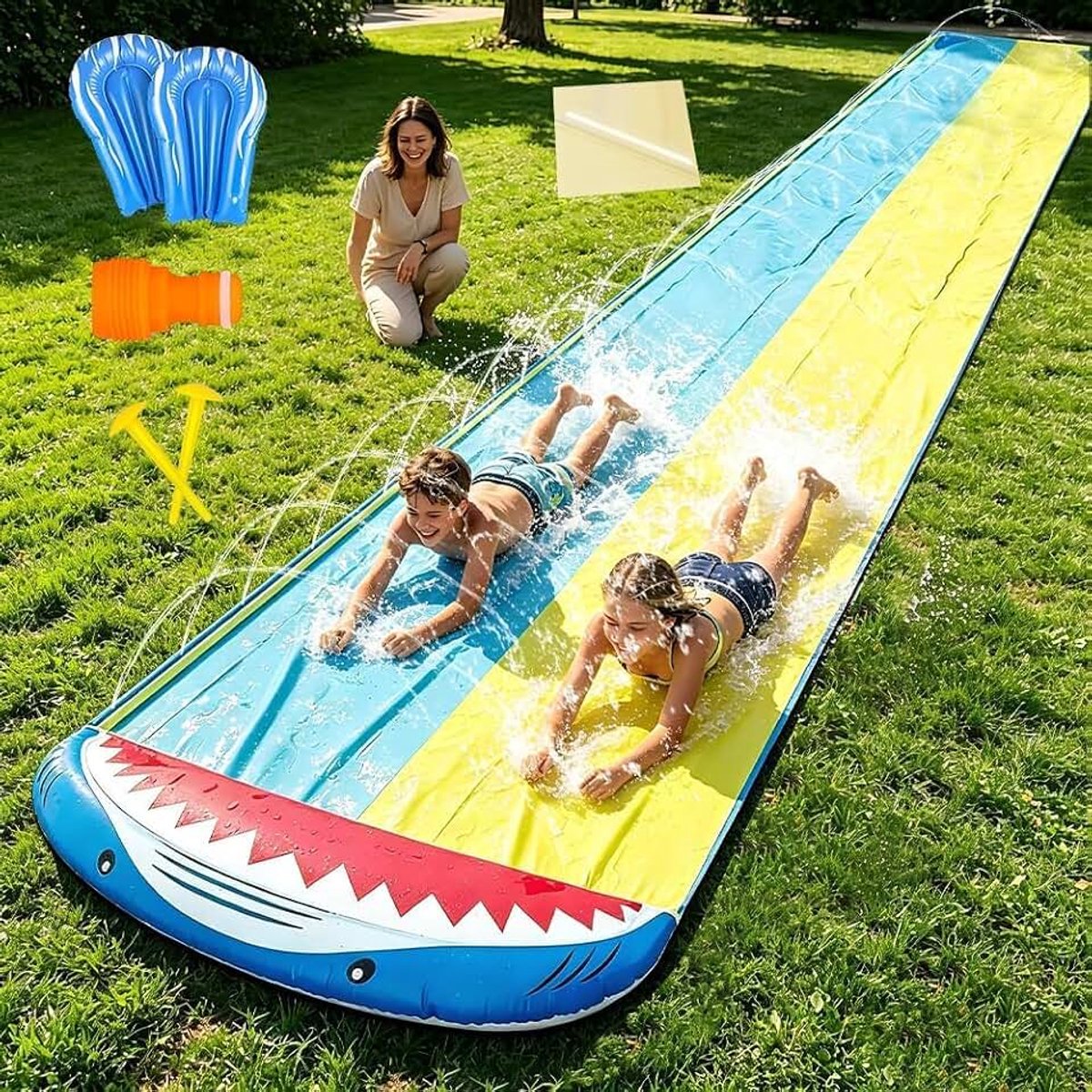 Haai Opblaasbare waterglijbaan met ingebouwde sproeier, waterspeelgoed voor kinderen en volwassenen, 480 cm