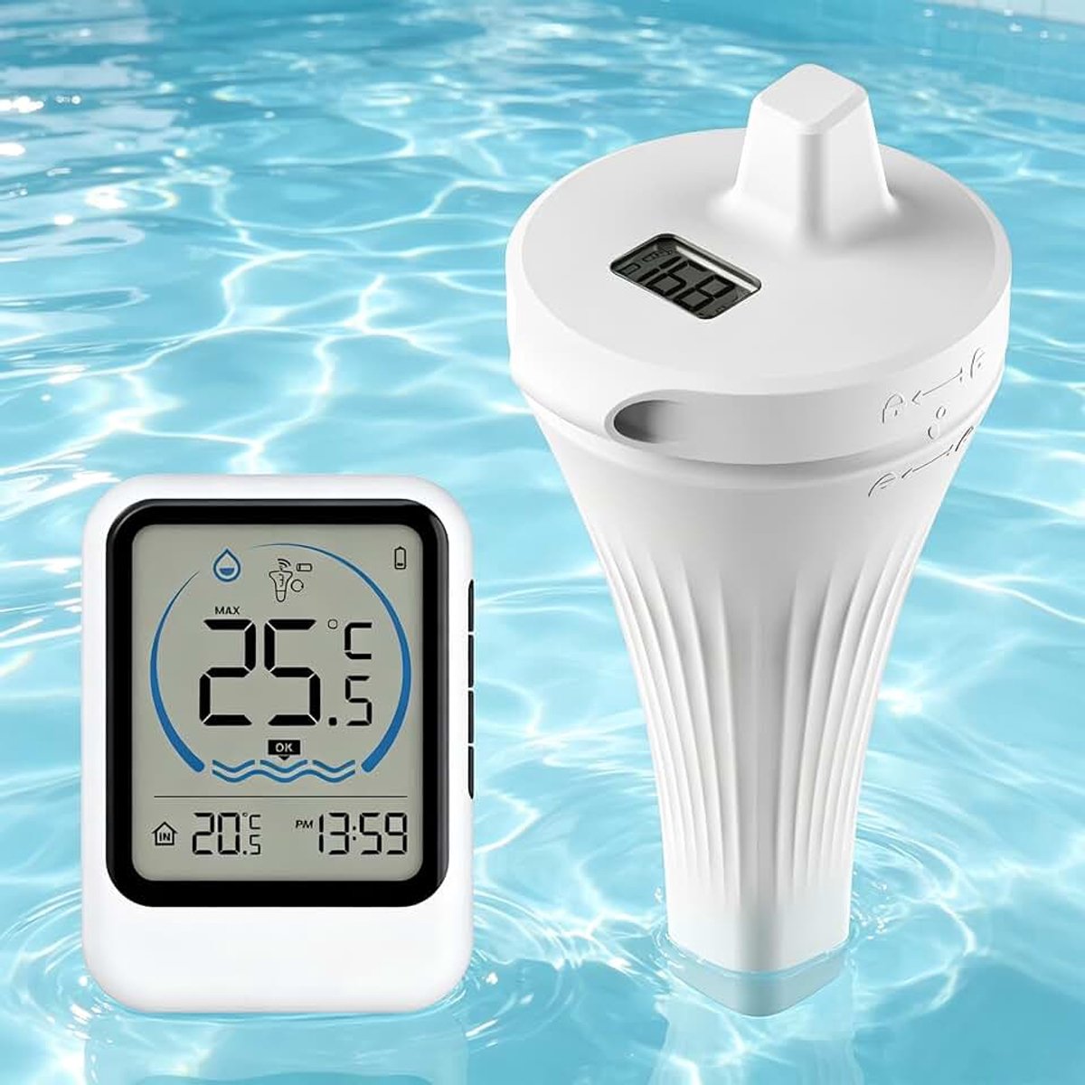 Zwembadthermometer, drijvend, IP68, draadloos, 50 m bereik, digitale waterthermometer voor zwembad, whirlpool, vijver en aquarium, schakelbaar in °C/°F