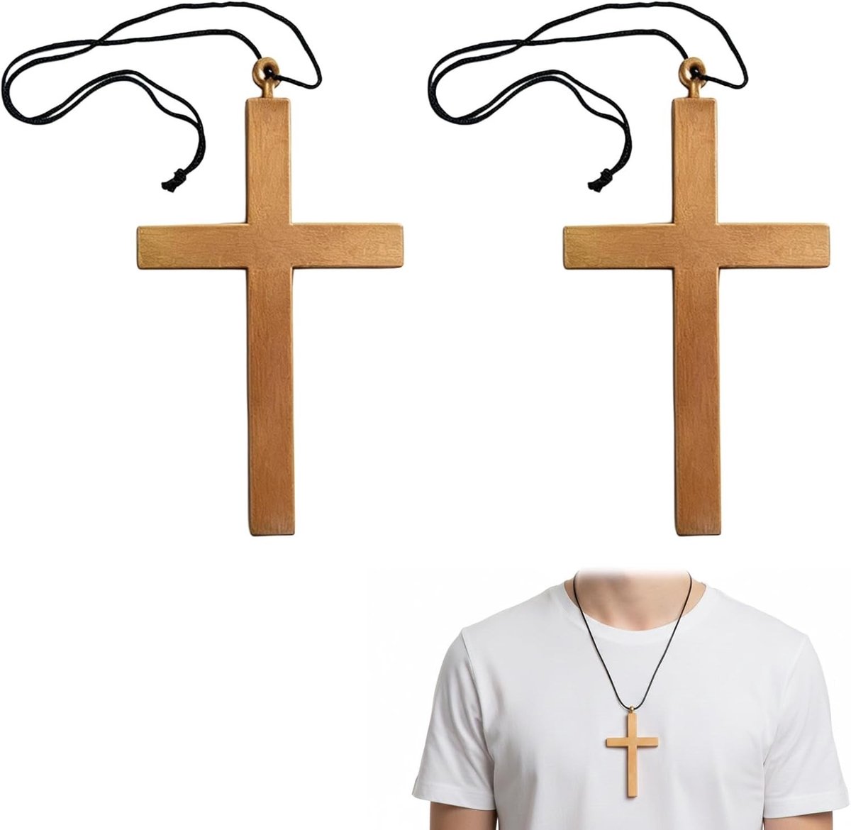 Set van 2 Kruis Kettingen – Grote Kostuum Ketting met Zwarte Koord – Lichtgewicht Plastic Kruis voor Halloween, Verkleedfeest en Decoratie