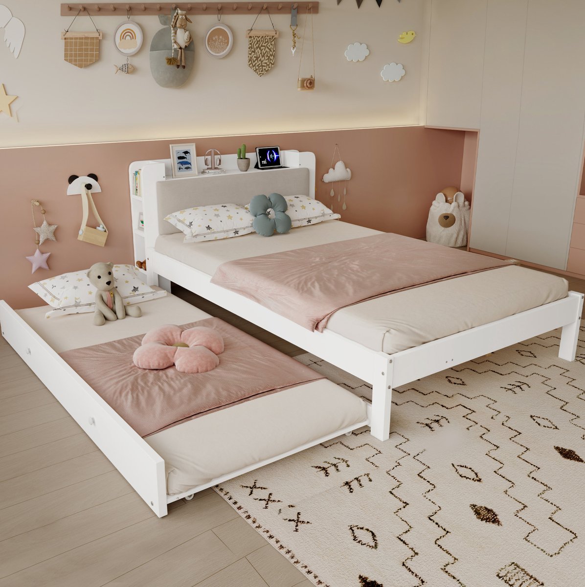 MODENUIT Functiebed met uitrekbed – 120x200 cm en 90x190 cm – Hout – Wit – Hoofdbord met plank en laadstation