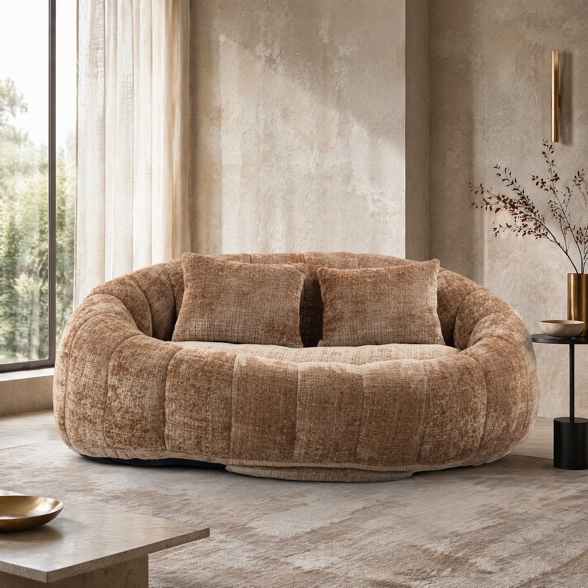 MEUNIQ zitzakbank loungestoel 150 x 95 x 63 cm met rugleuning en armleuningen, chenille met schuimvulling voor binnen en buiten, koffiebruin
