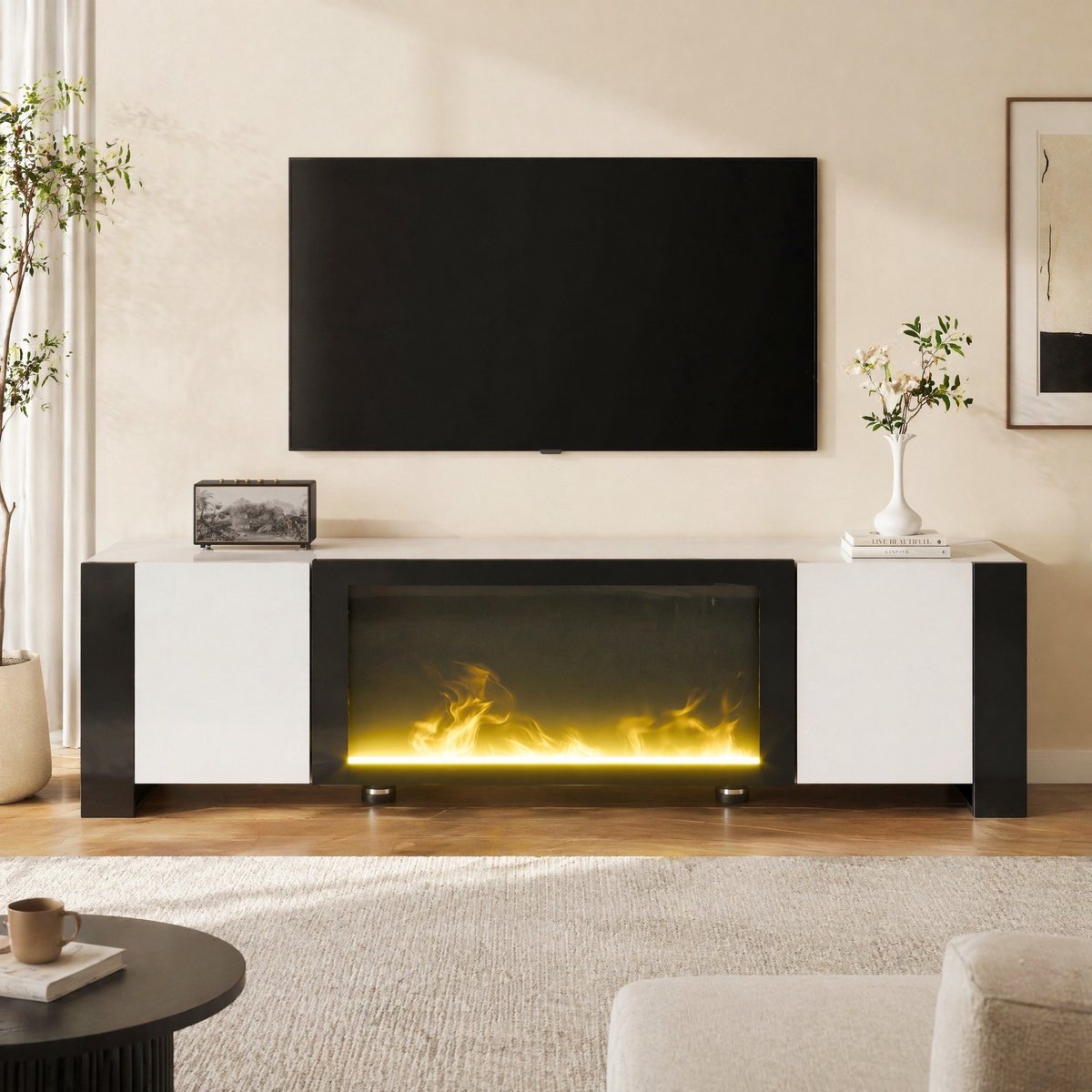 MEUNIQ TV-meubel met elektrische haard en vlammeneffect, 165 x 32 x 55 cm, 2 deuren met planken, push-to-open, hoogglans wit en zwart