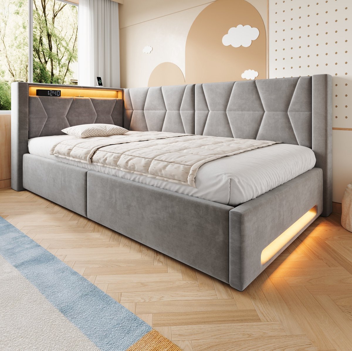 REDOM Bedframe - Opbergruimte - LED-verlichting - USB en Type-C - Hydraulische bedkast - Fluwelen bekleding - Slaapkamer - Donkergrijs - 140 x 200 cm