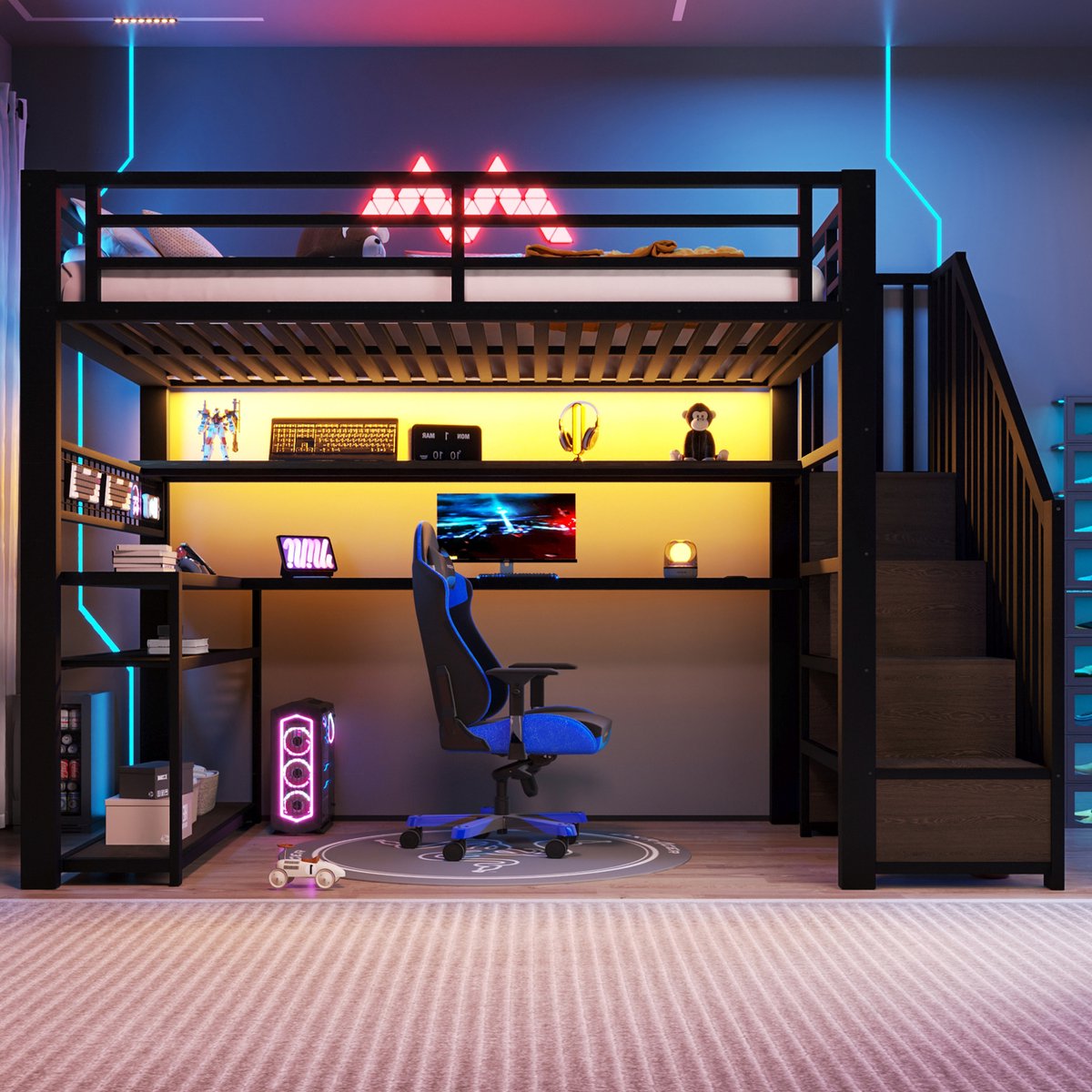 MODENUIT Hoogslaper – Metalen Bed met LED – 90 x 200 cm – Metaal en MDF – Zwart – Bureau en Kledingkast