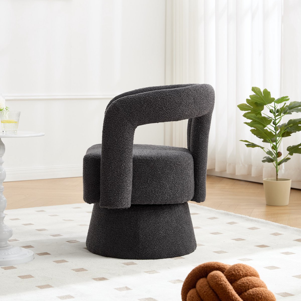 MEUNIQ Draaibare fauteuil 360° 67 x 55 x 74 cm – donkergrijze bouclé stof, gepolsterde zitting en geïntegreerde armleuningen voor woonkamer Donkergrijs