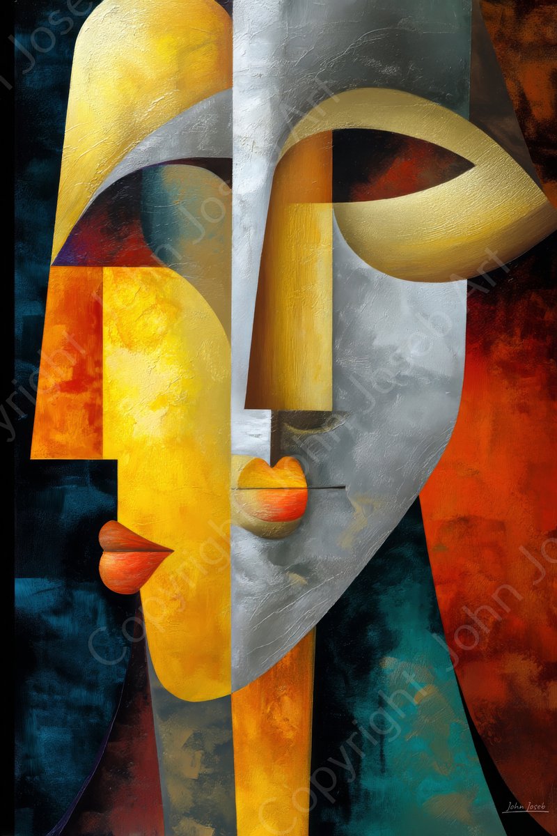 John Joseb Art (Aluminium) 120x80 | Gezichten, Picasso stijl, kubisme, kleurrijk, abstract, kunst | mens, man, vrouw, goud, grijs, blauw, bruin, dier, modern | foto-schilderij op dibond, metaal wanddecoratie
