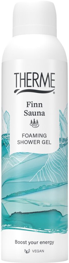 Therme Finn Sauna schuimende douchegel in witte spuitbus met blauwgroene abstracte print. Boost your energy, VEGAN.