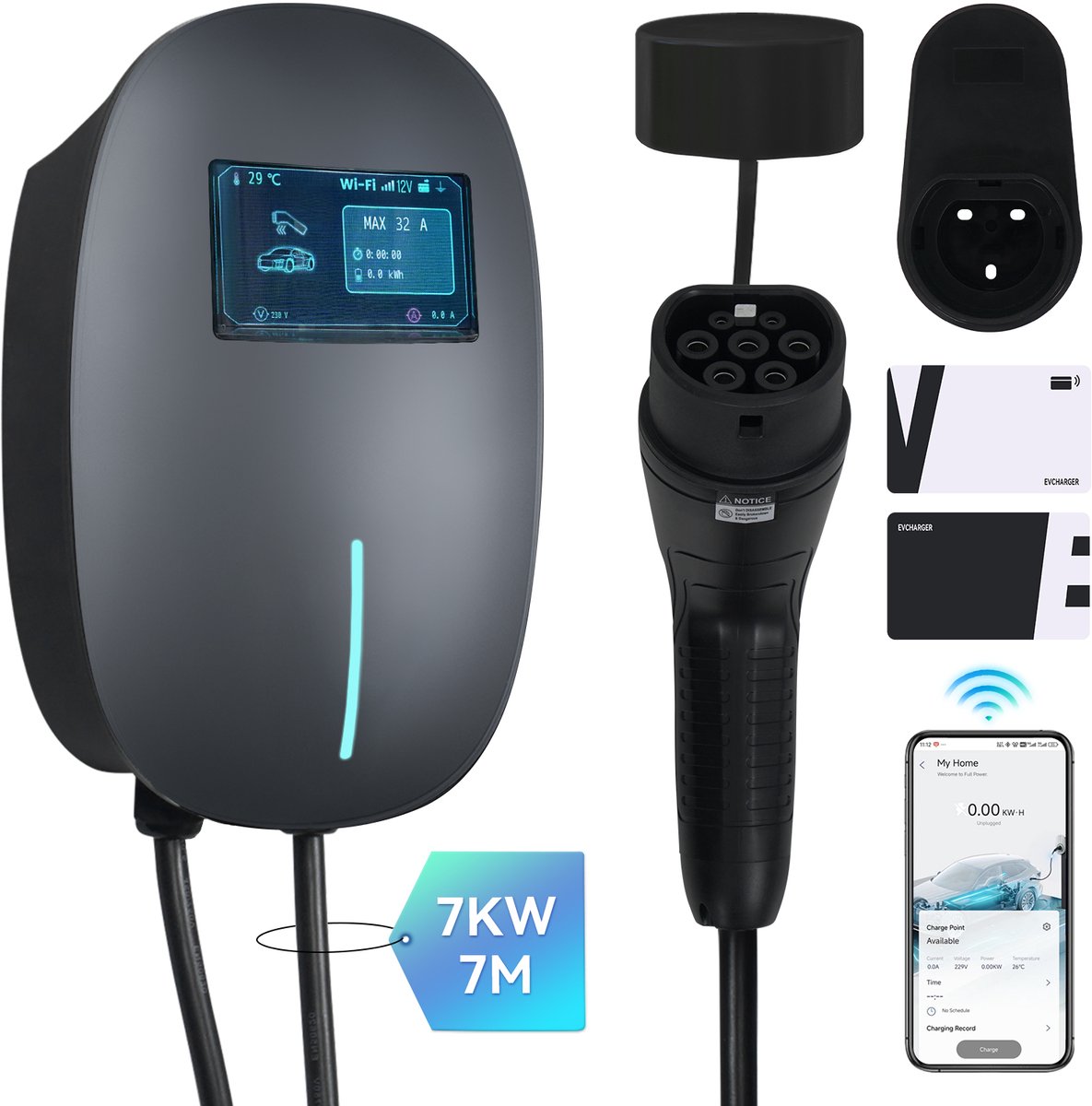 Puluomis - Wallbox EV Charger 7 kW - Smartcharge laadpaal met app - 7 meter kabel - Type 2 - 1-fase - 6–32A instelbaar - grijs